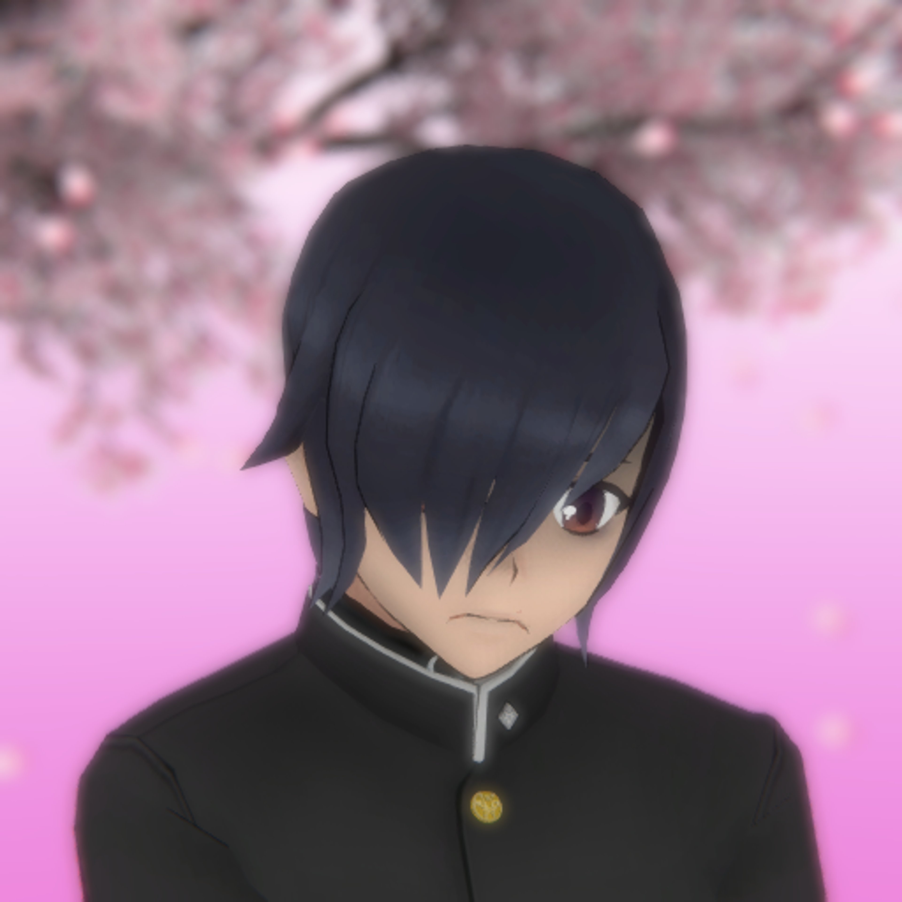 An anime-style character with messy dark gray hair, a visible left eye with a dark orange and purple gradient, and wearing a school uniform with a black choker and crescent moon pendant.