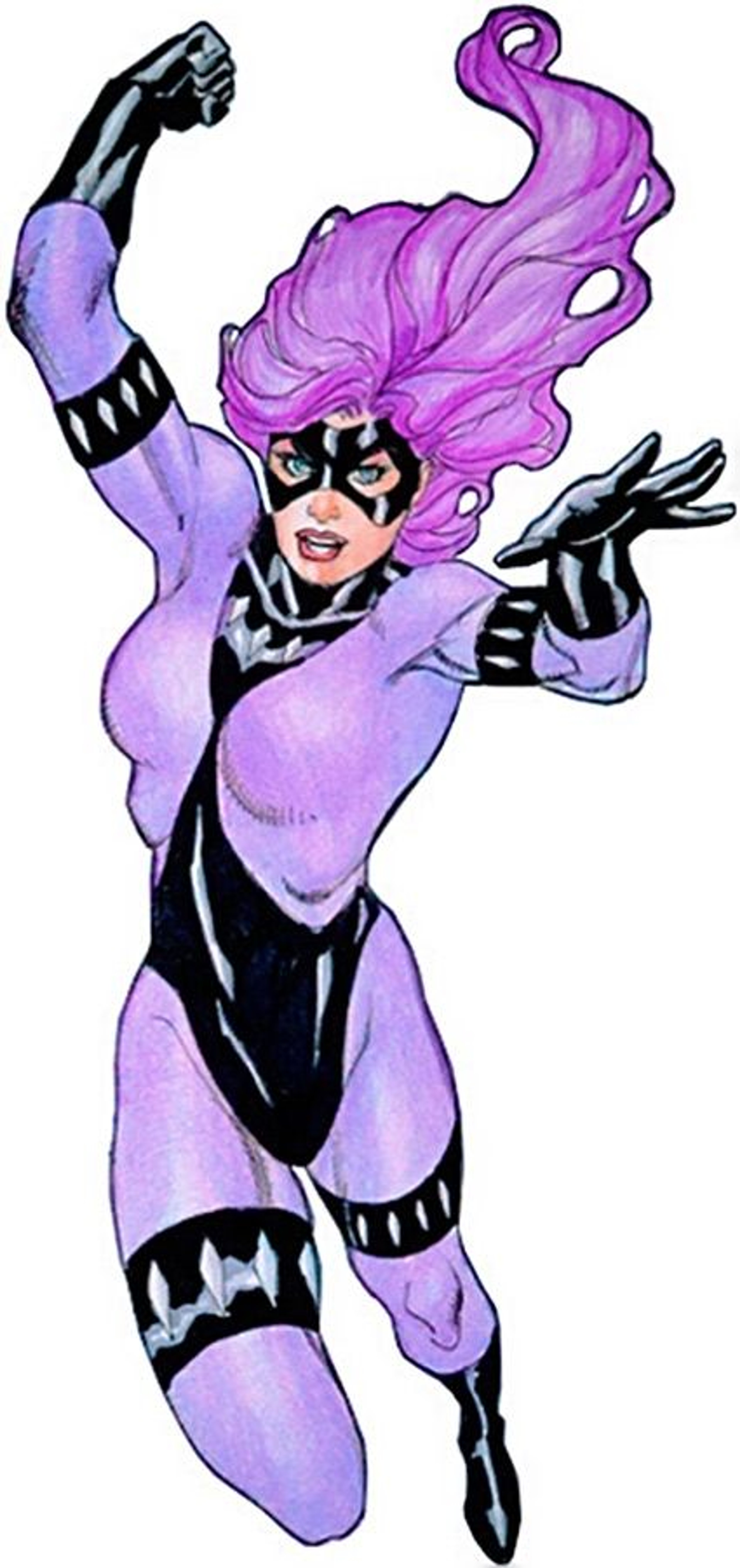 A female character with purple hair and a black and white diamond-patterned costume, posed in an action-ready stance.