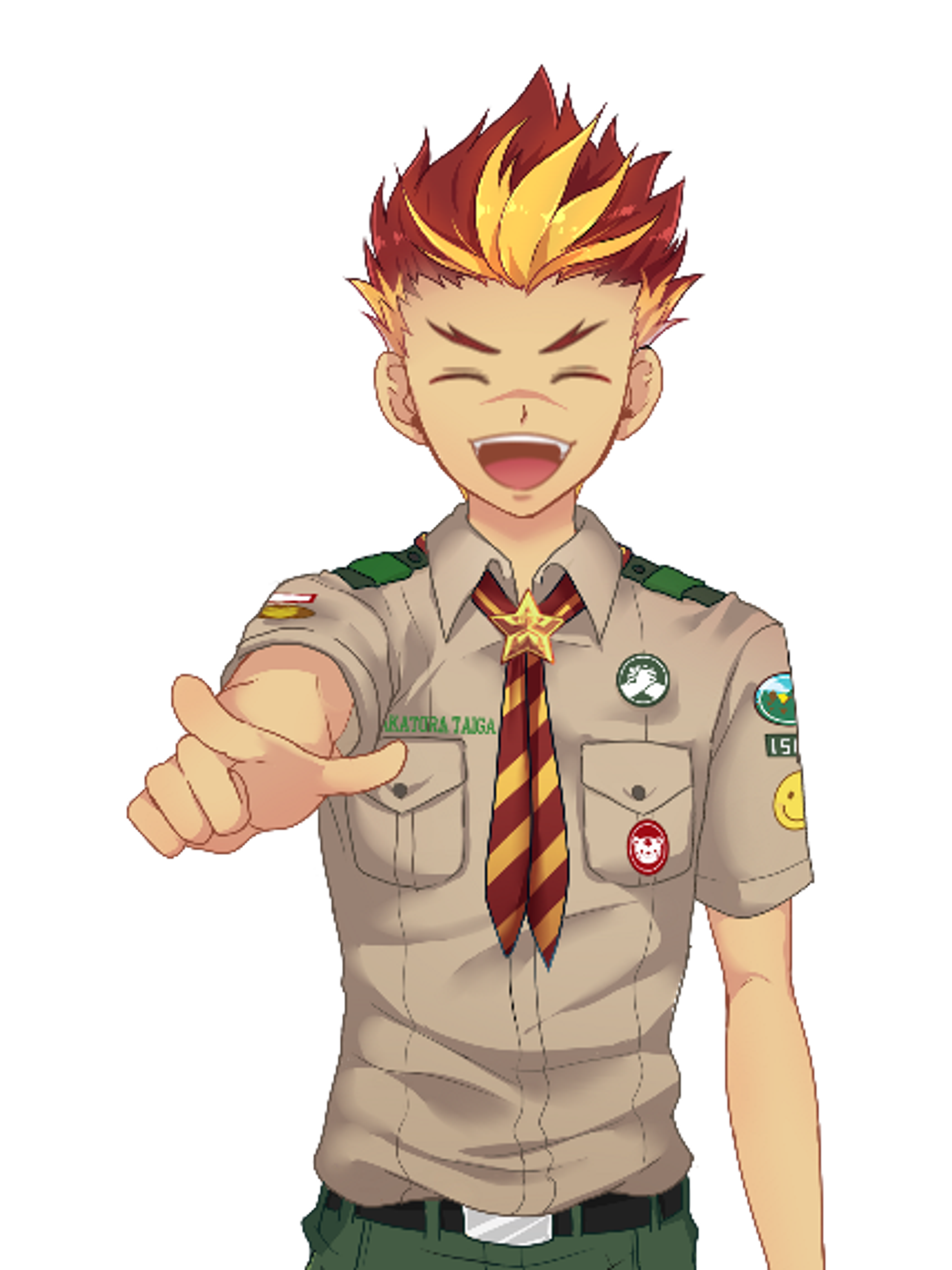 An anime-style character with red spiky hair wearing a tan uniform