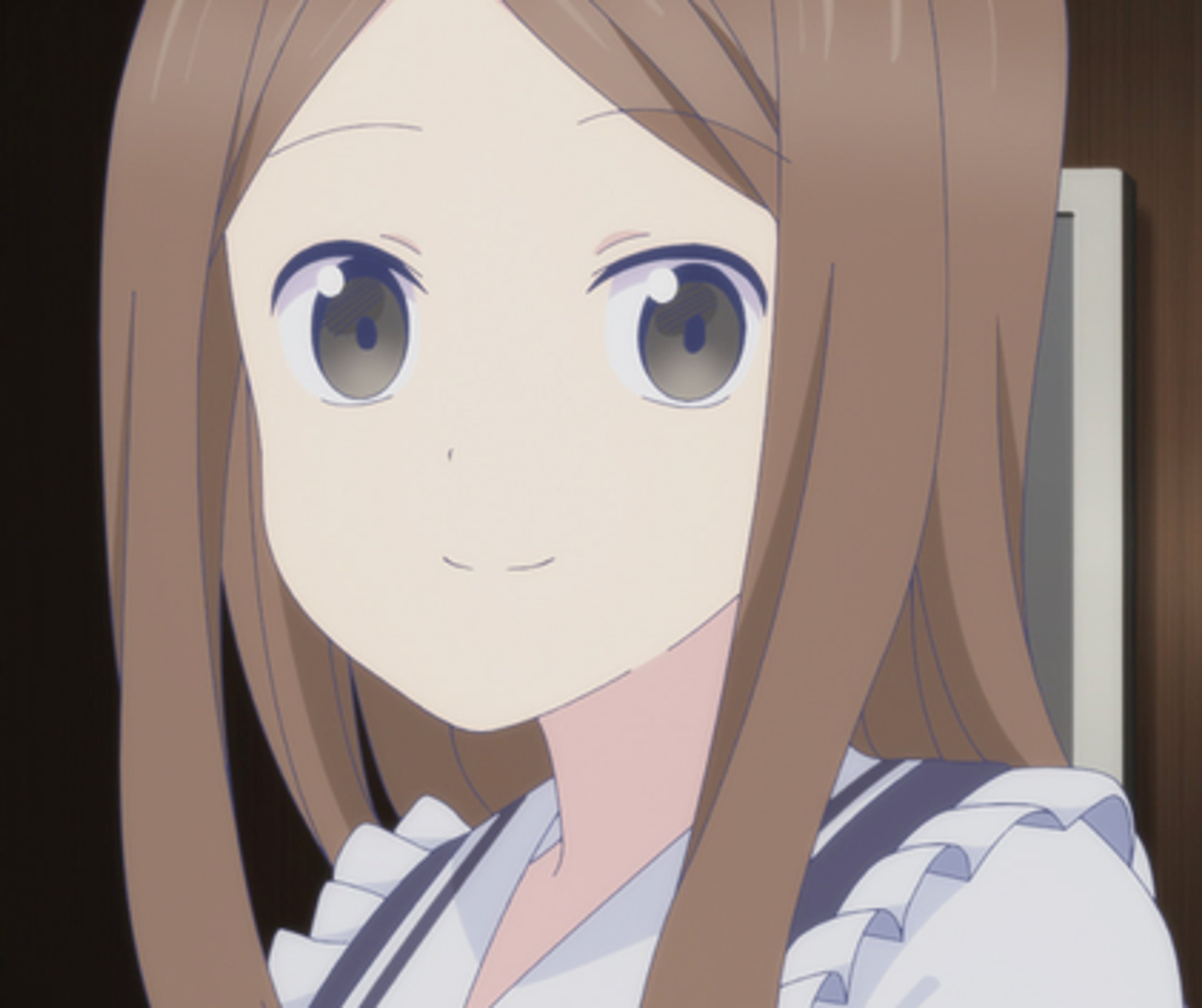 An anime-style character with large blue eyes and long brown hair wearing a school uniform.