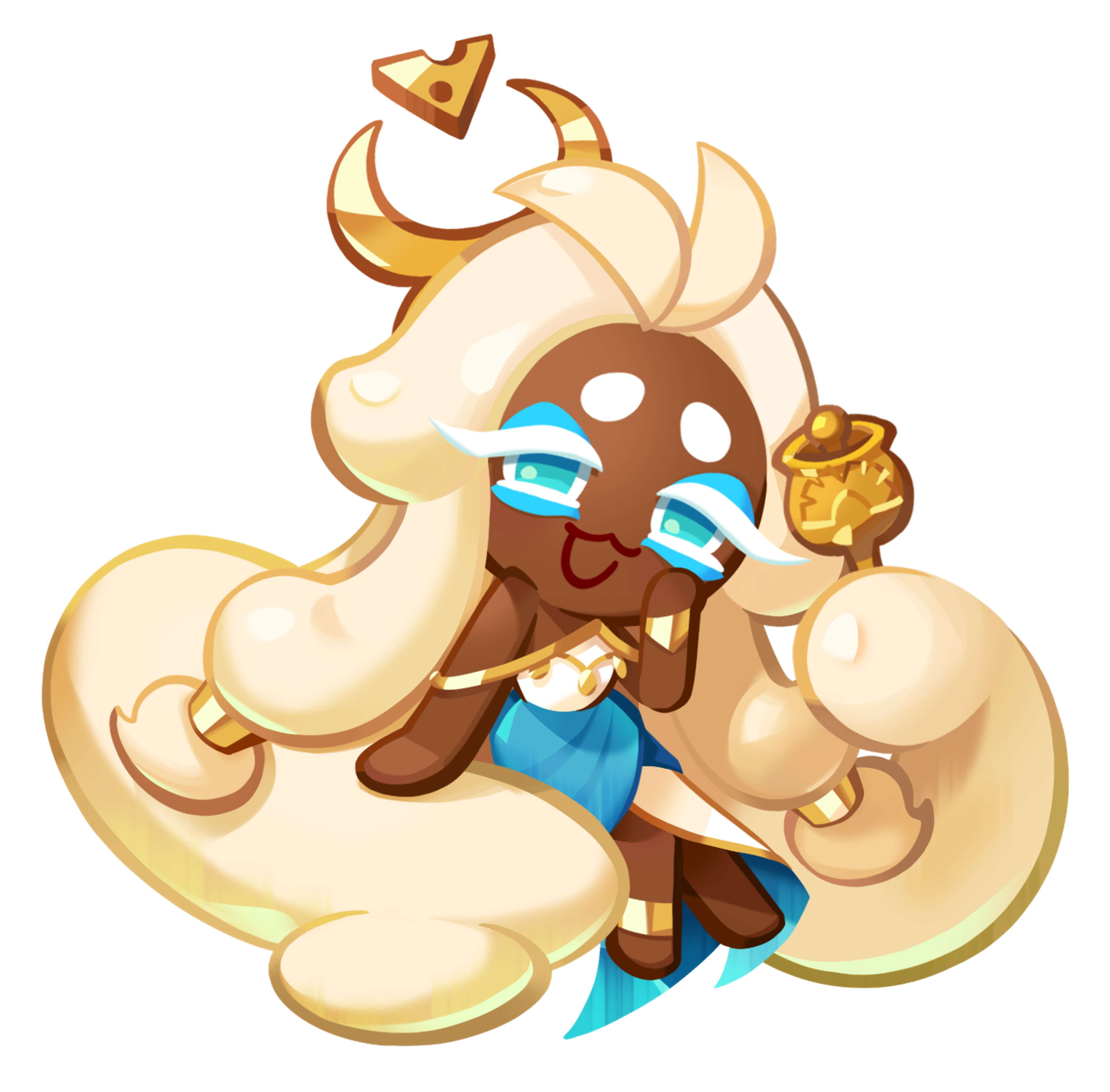 A friendly, cartoon-style character with a light brown body and white apron or dress, holding a small object and smiling.