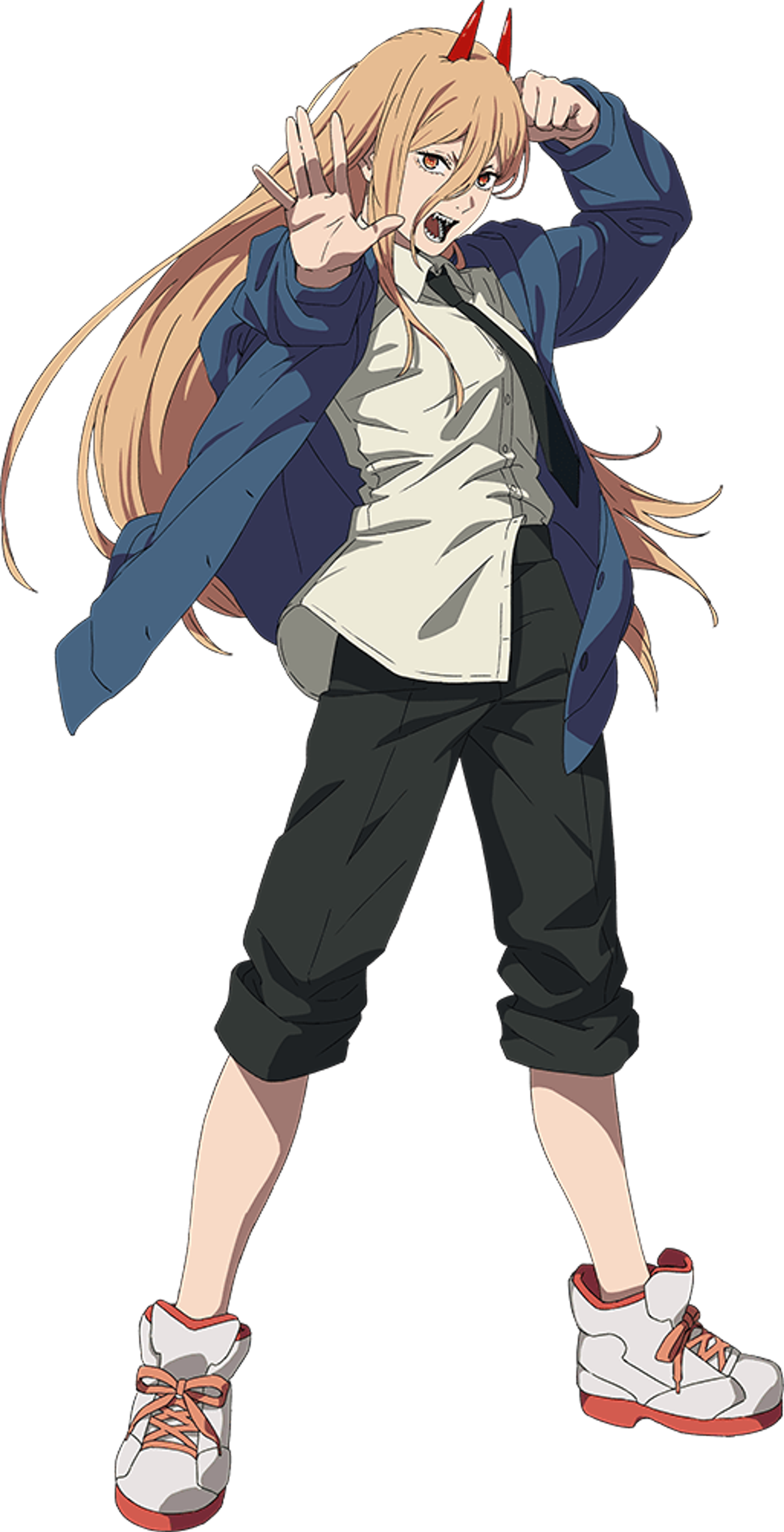 An anime-style character with blonde hair, red horns, and a blue jacket making a dramatic hand gesture.