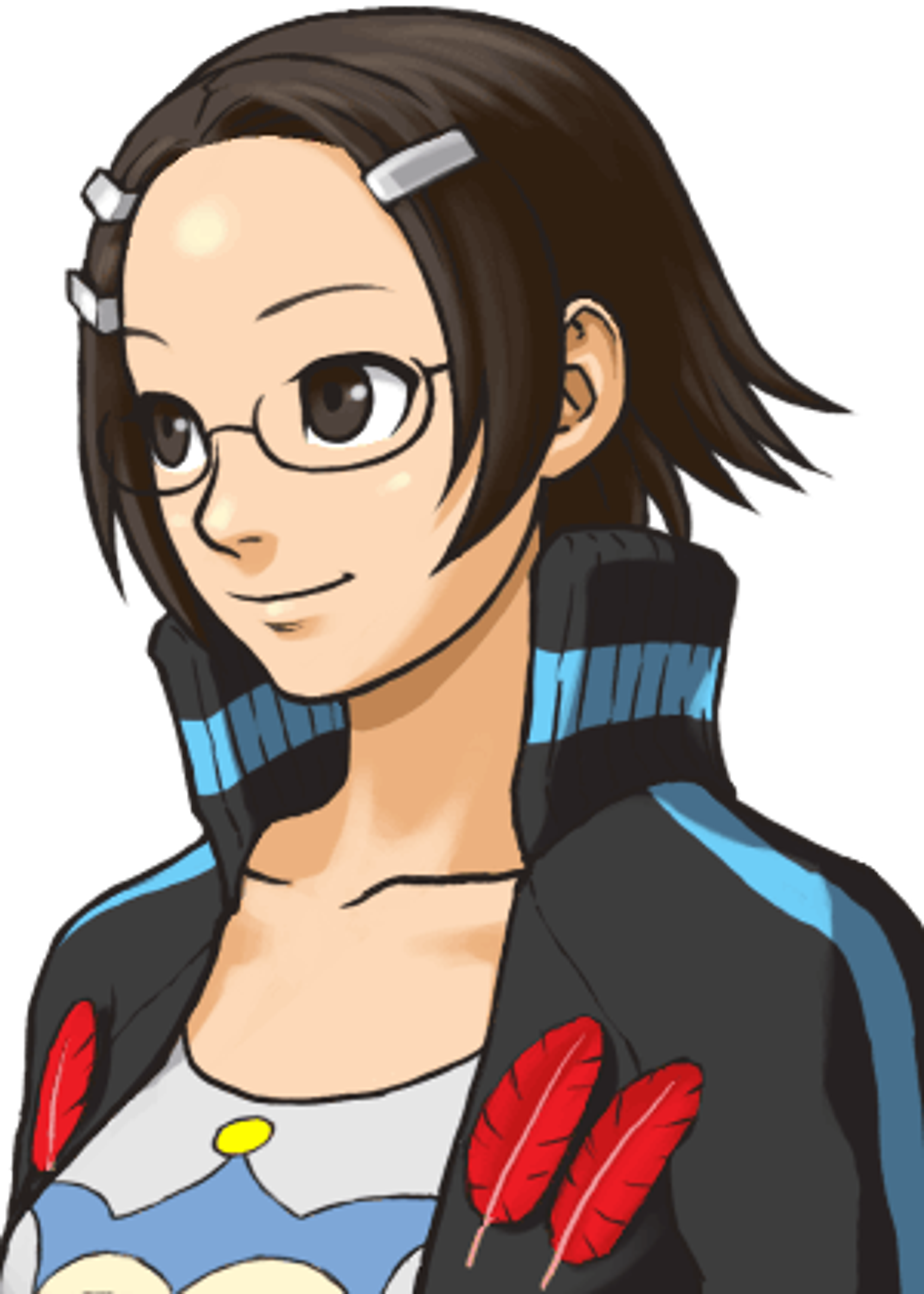 An anime-style character with short, dark hair and glasses wearing a black jacket with blue accents.