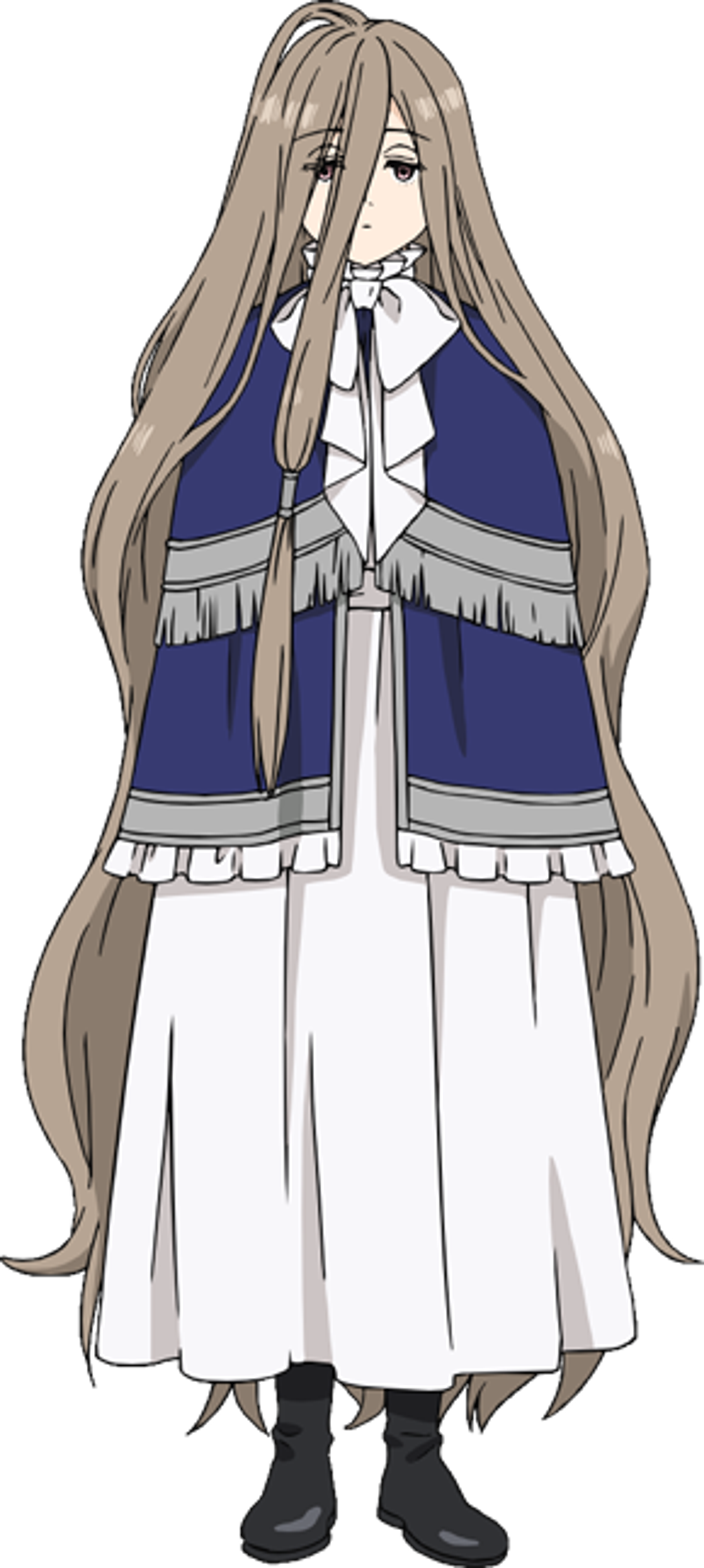 A female character with long silver hair wearing a blue and white outfit