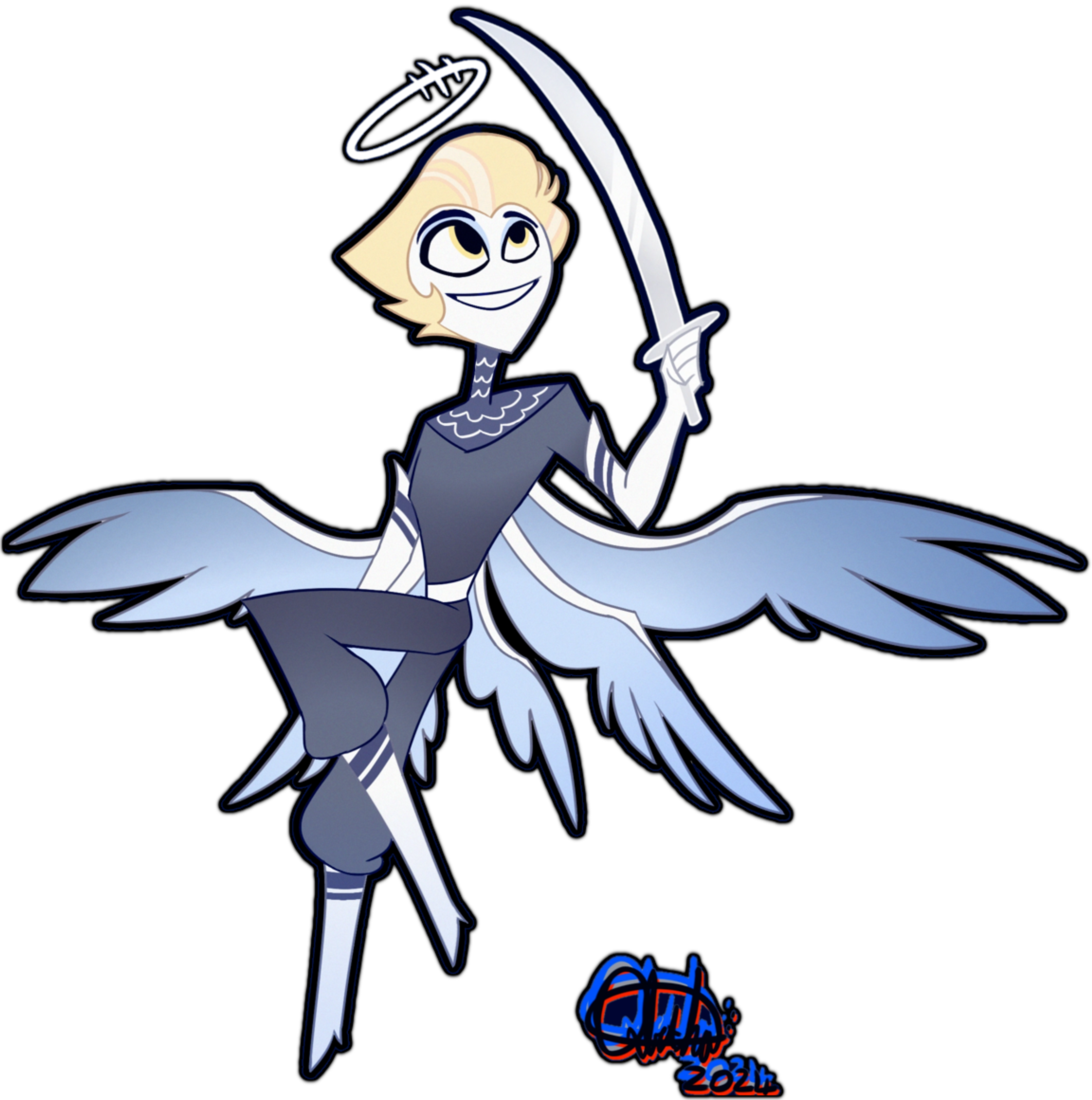 An anthropomorphic angel-like character with large wings and a halo, holding a sword.