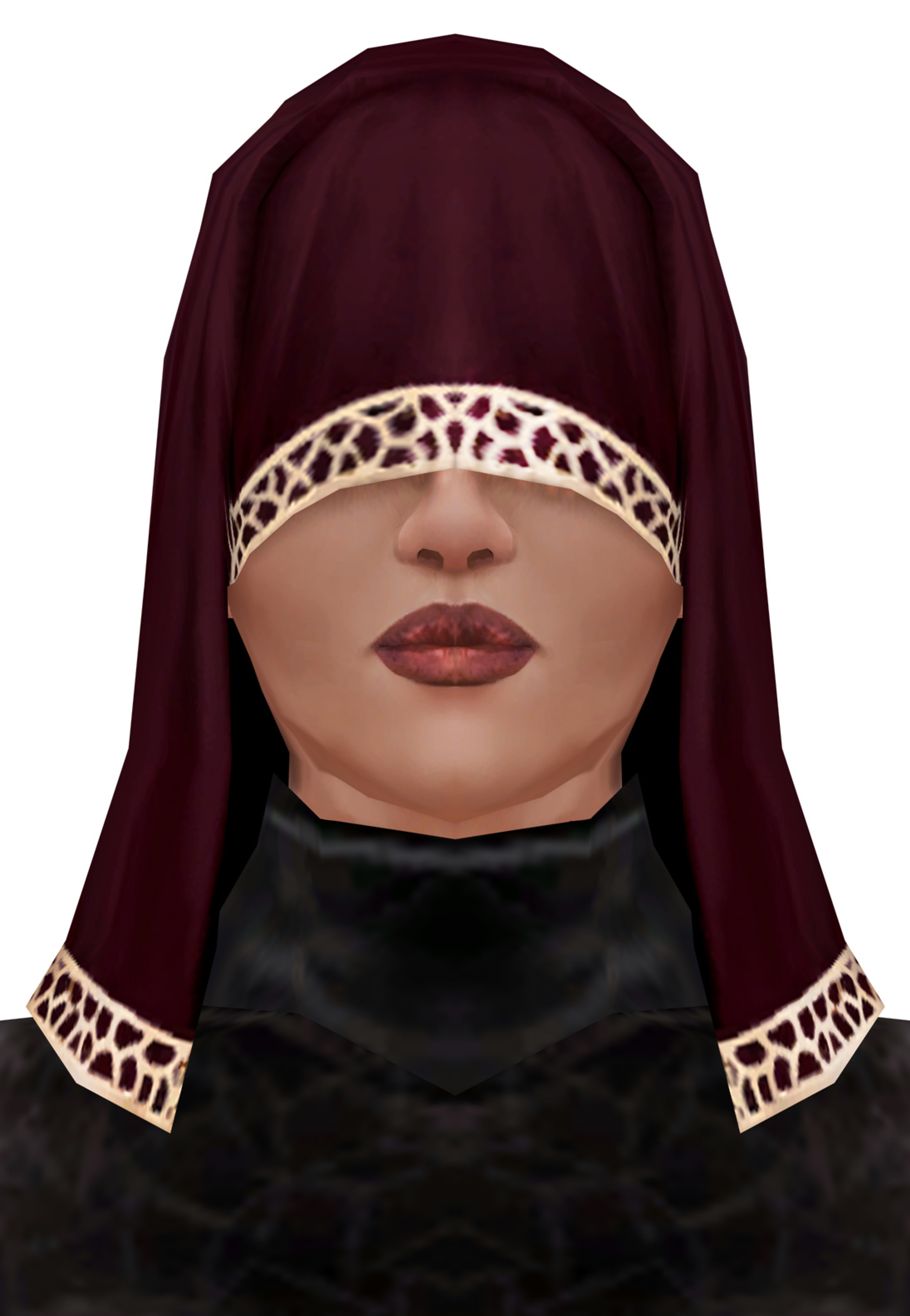 A female character in a dark hooded robe with leopard print trim, her face obscured.