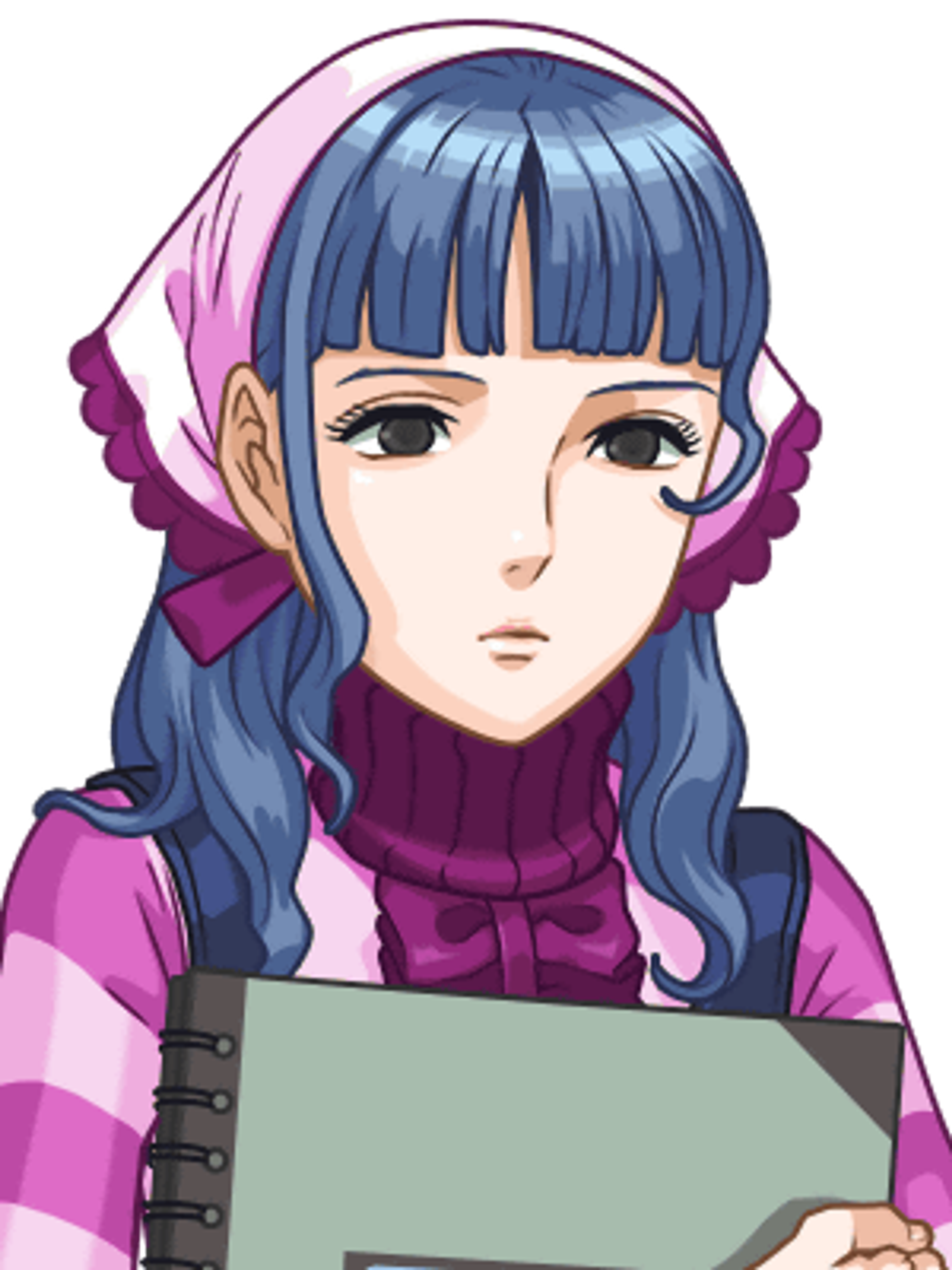 A young woman with blue hair and a pink scarf holding a notepad