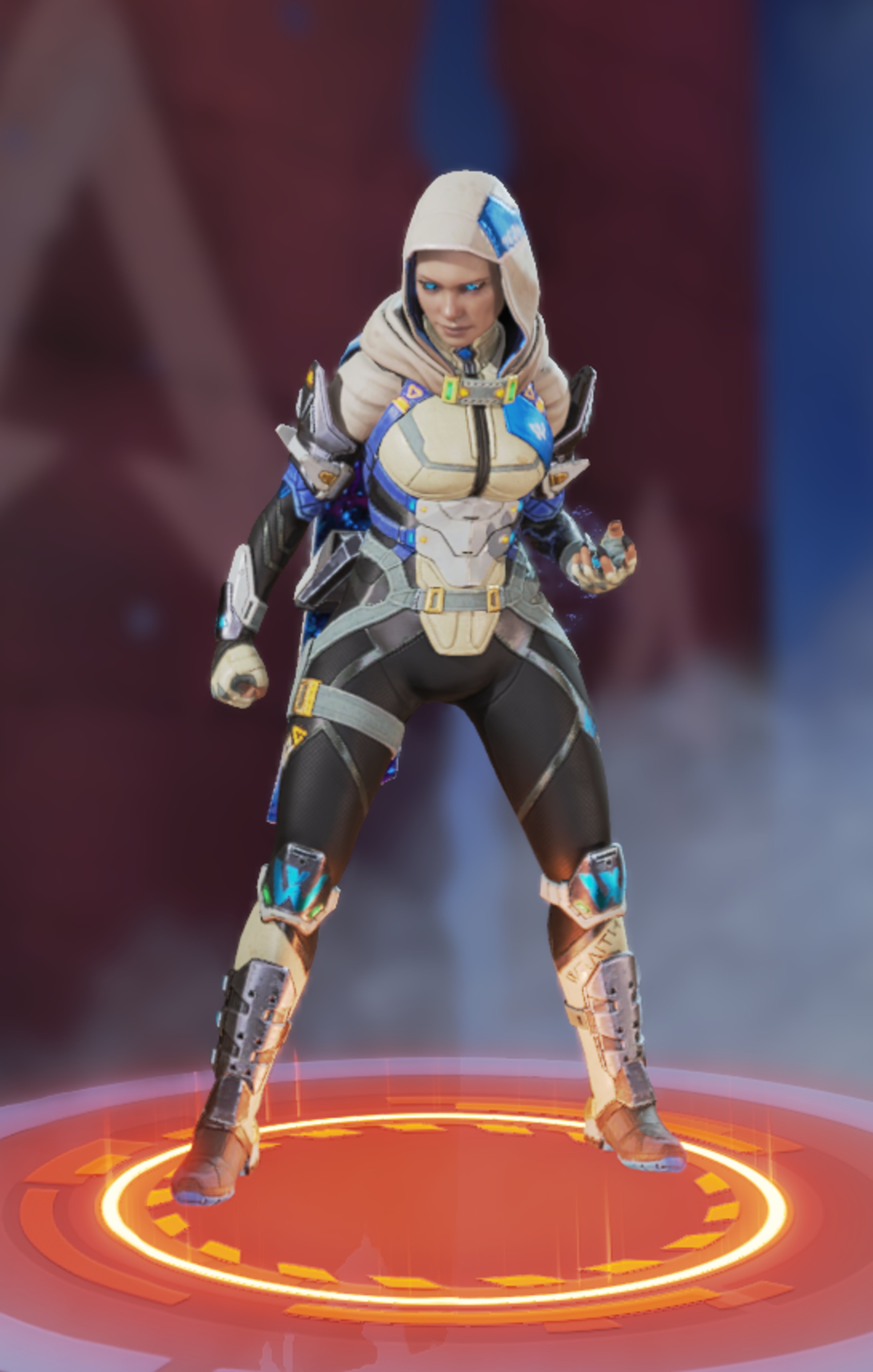 A female character in a white and blue hooded outfit standing in a combat stance