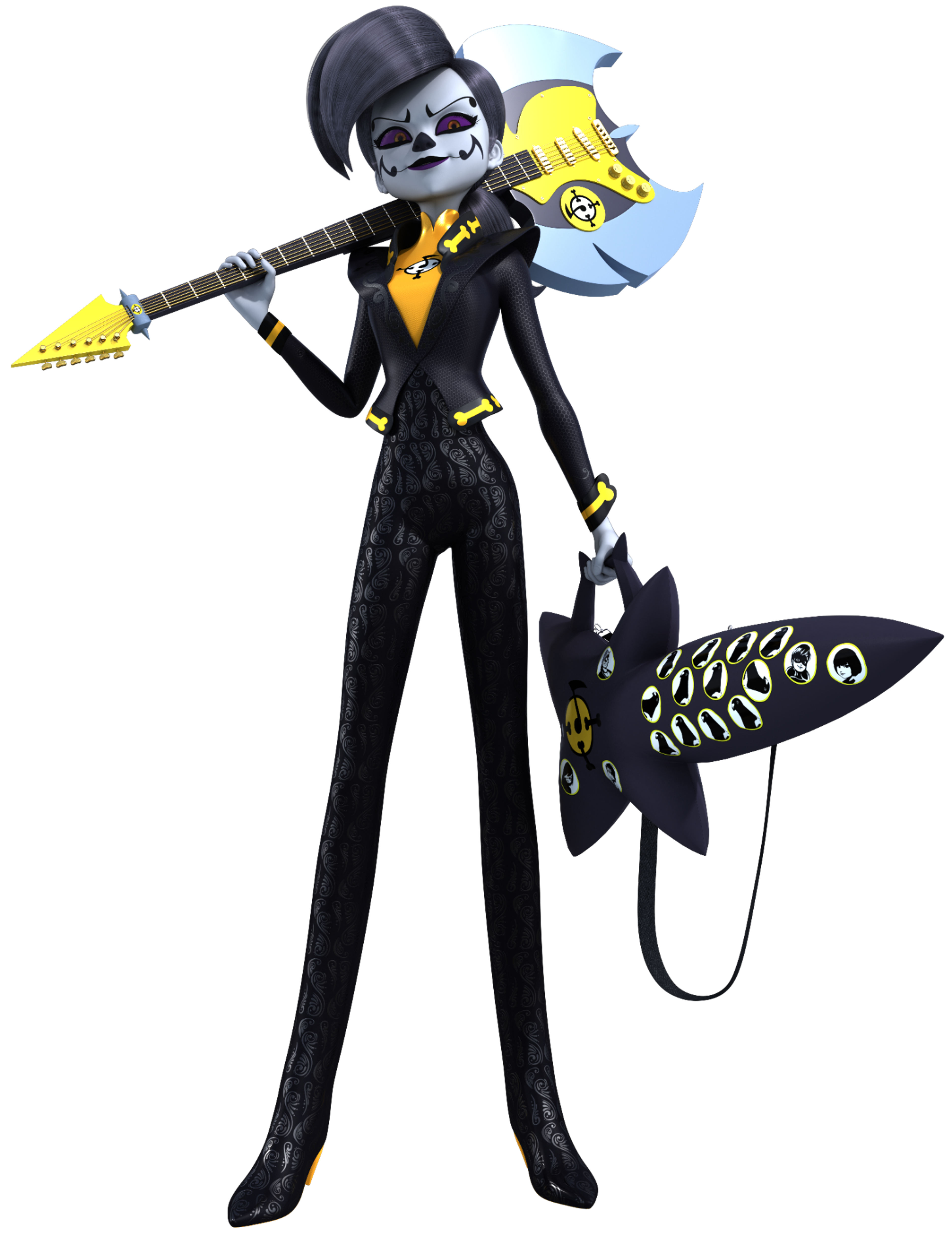 A skeletal female character in a black mariachi outfit carrying a star-shaped guitar case on her back.
