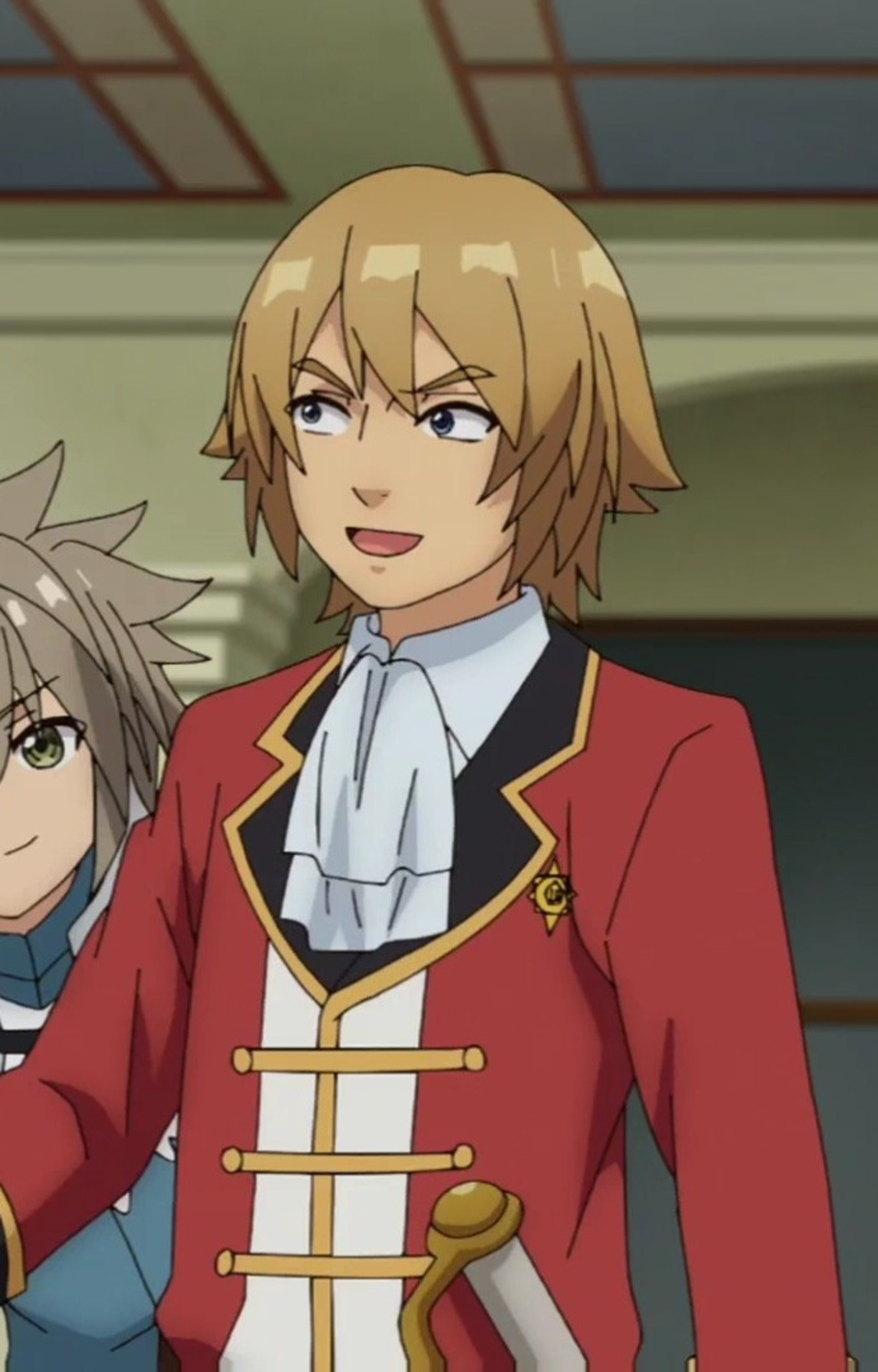 A young man in a red military-style uniform with a confident expression