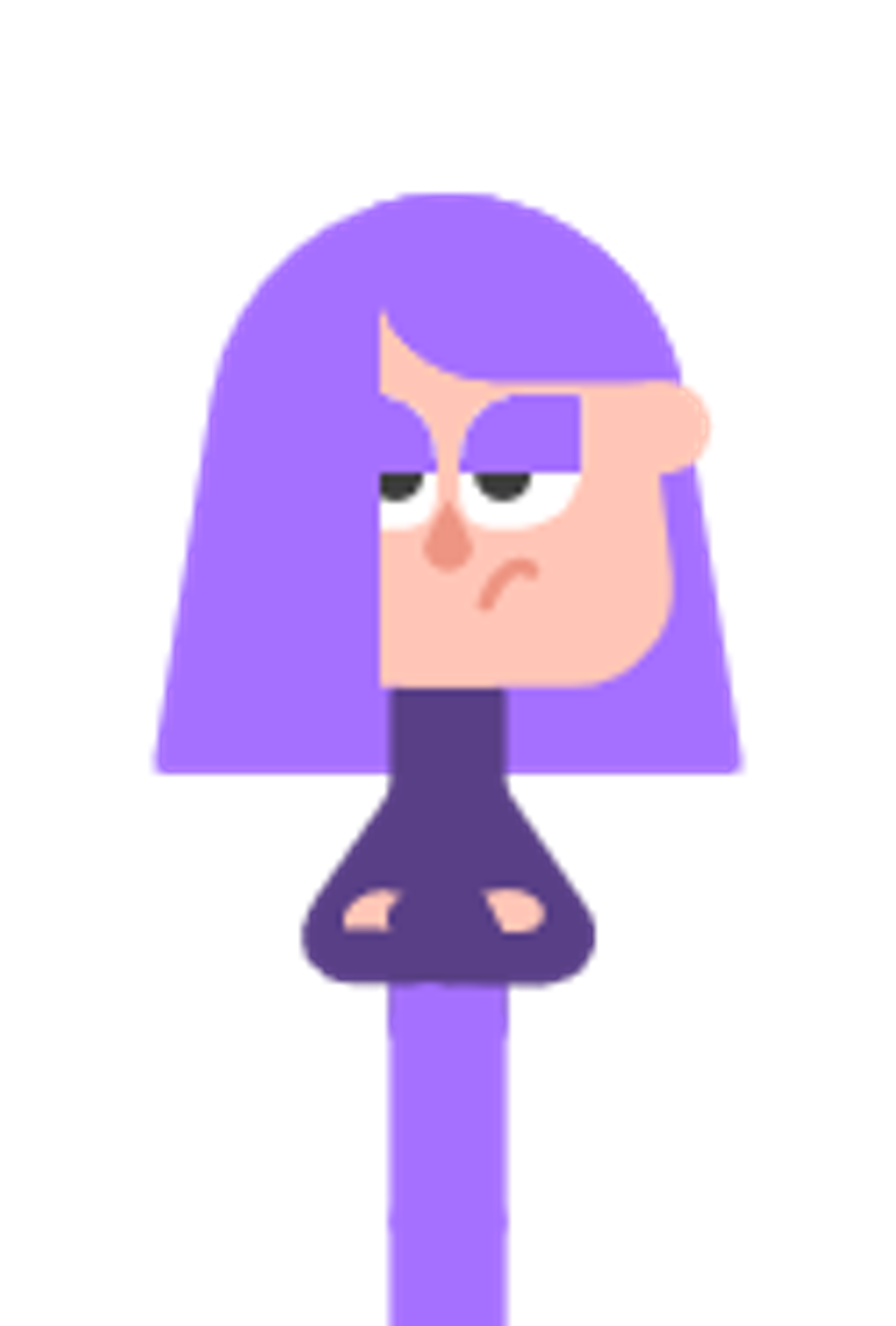 A purple-haired, goth-inspired cartoon character with a deadpan expression