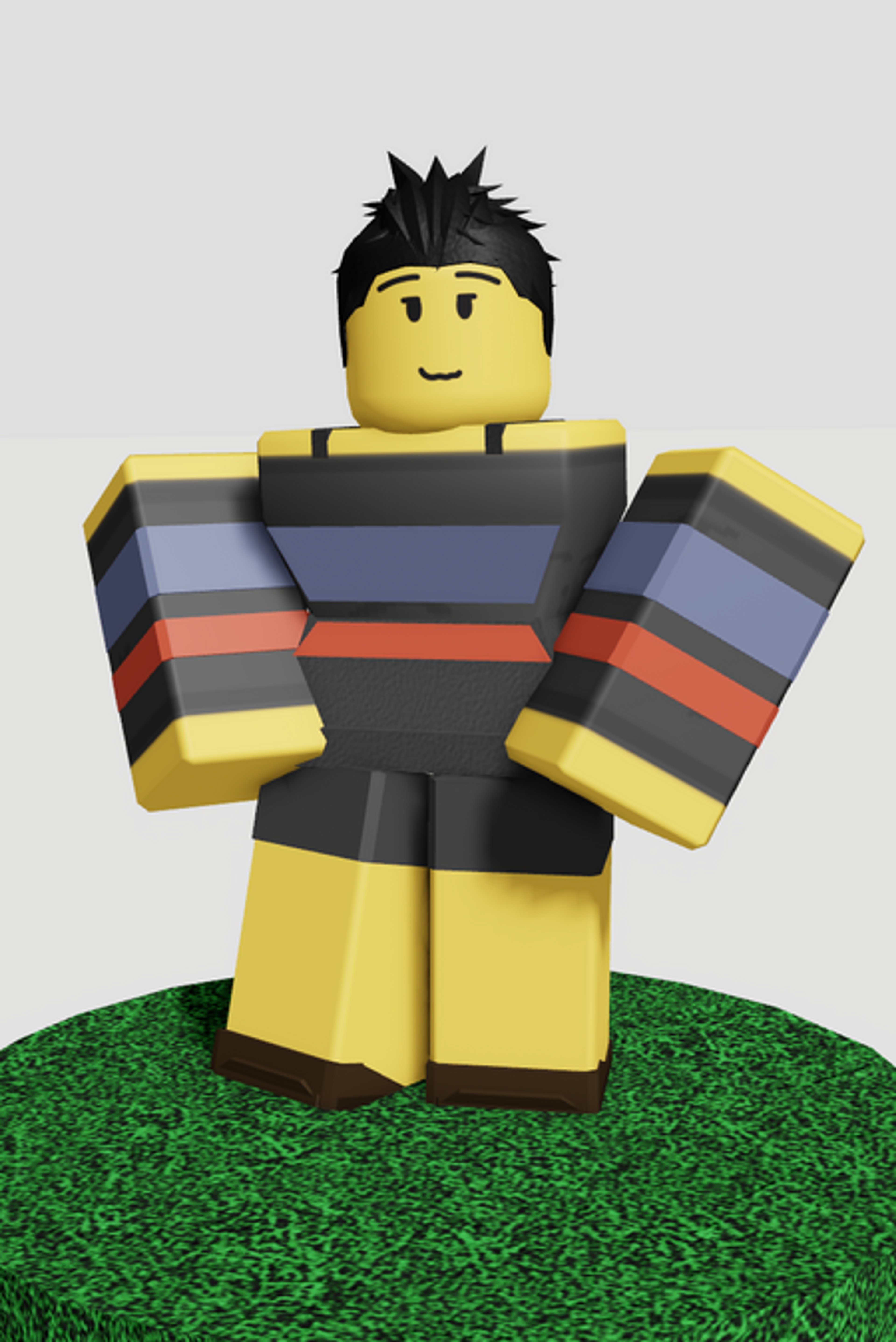 A Roblox-style character with a mohawk hairstyle and a black and orange striped outfit.