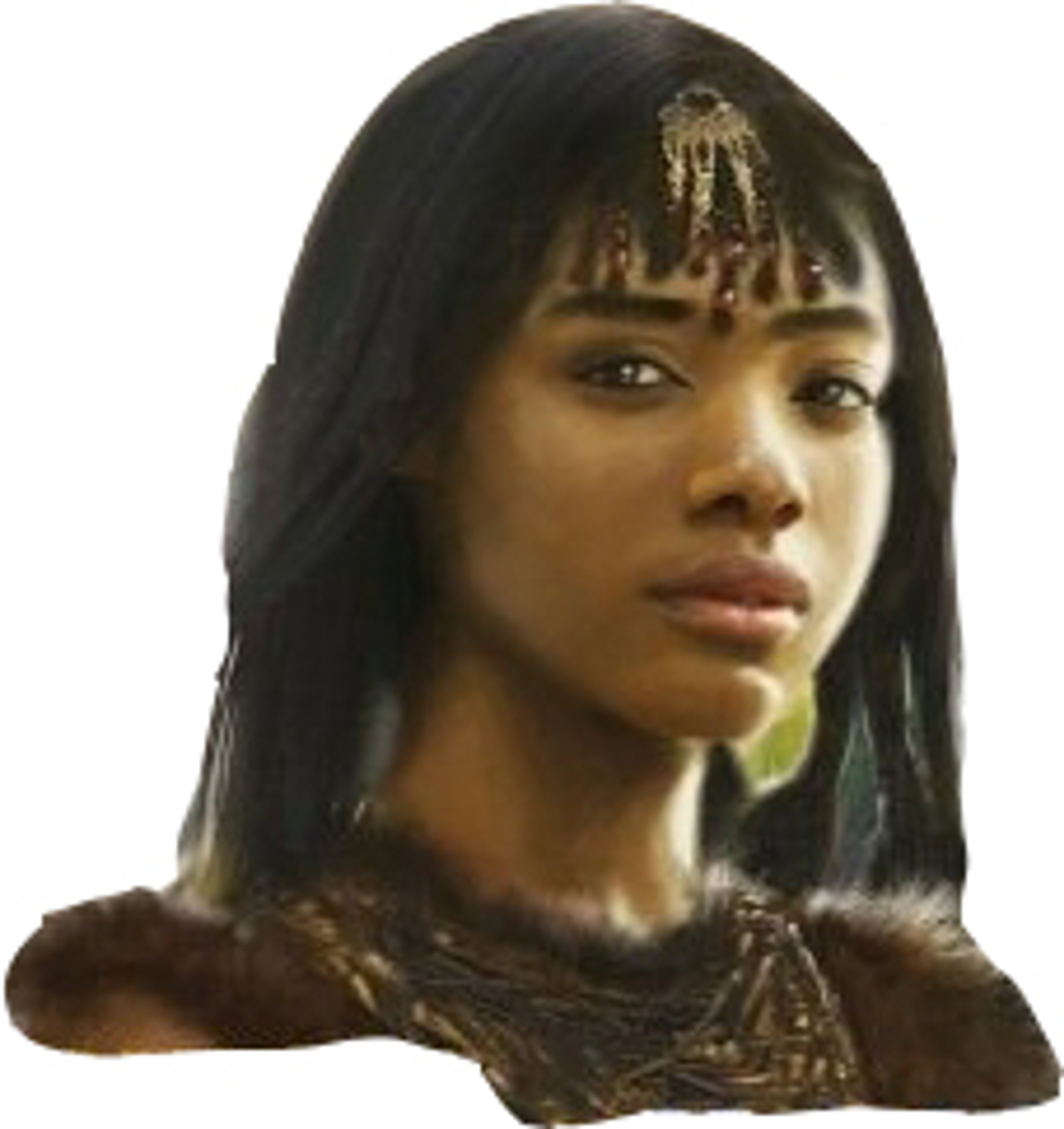 A young, fierce-looking woman with dark hair in a braid, wearing an ornate headpiece and a dark, athletic outfit.