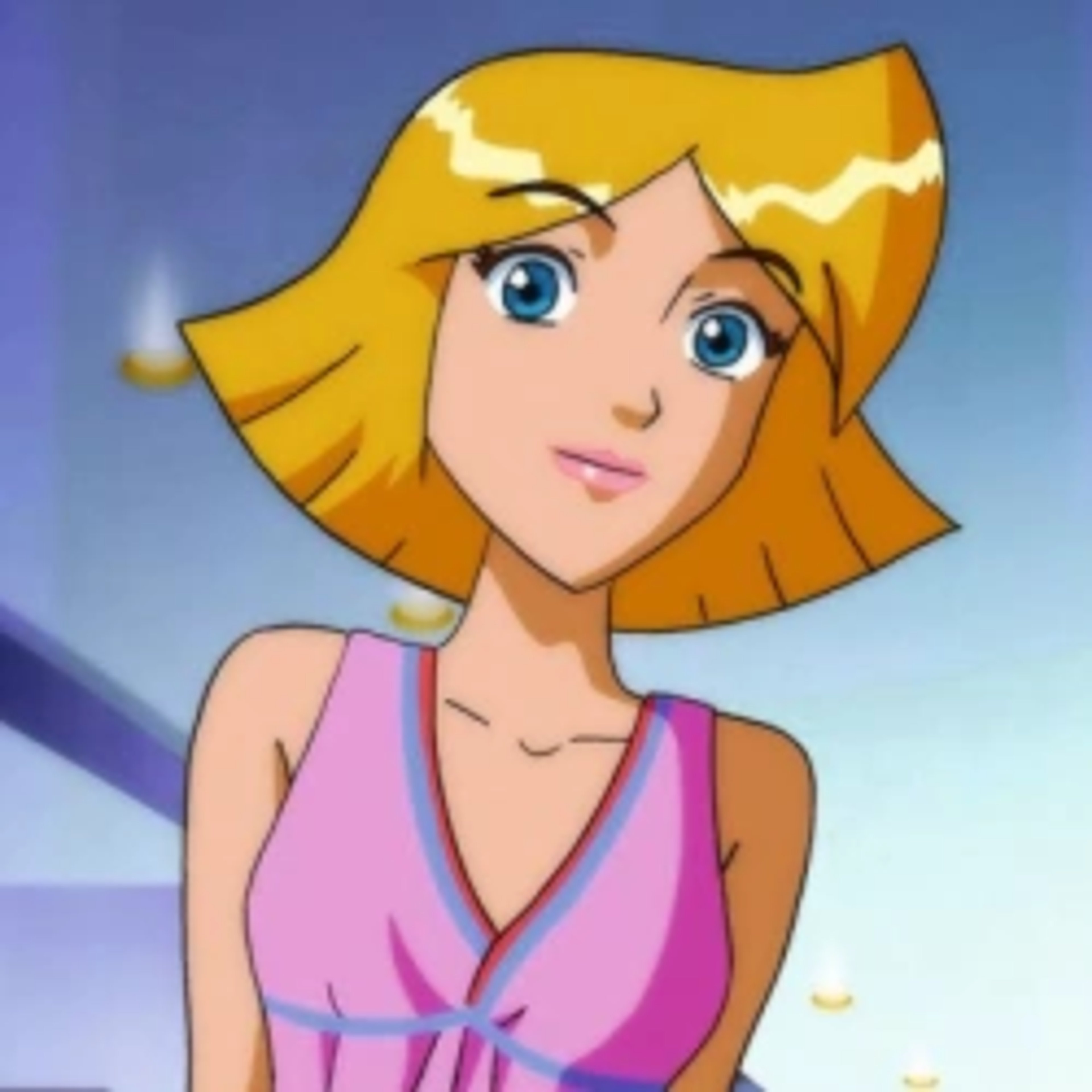 An anime-style character with blonde hair and blue eyes wearing a pink top