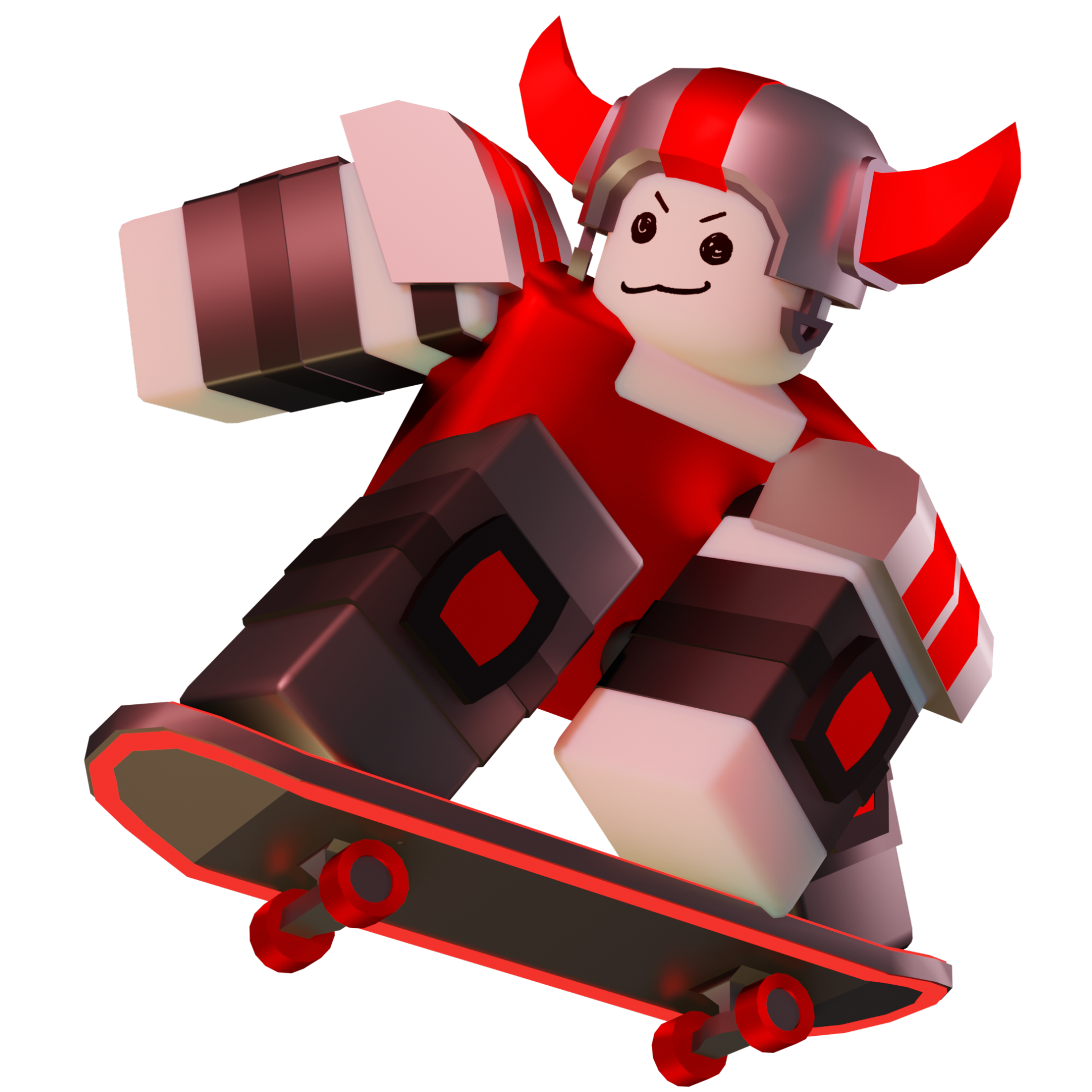 A cartoon character with a red helmet and horns riding a skateboard