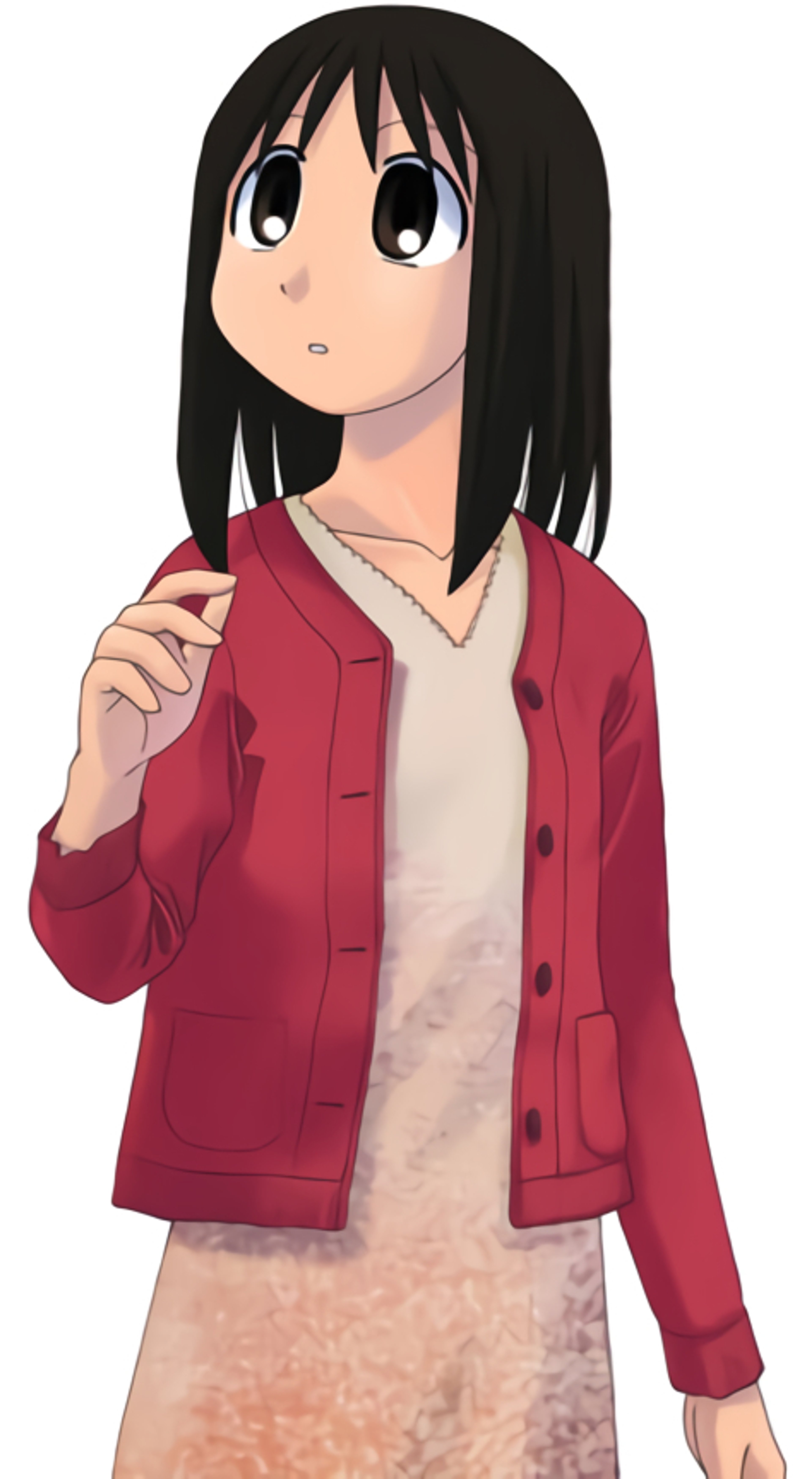 An anime-style character with long black hair wearing a red jacket