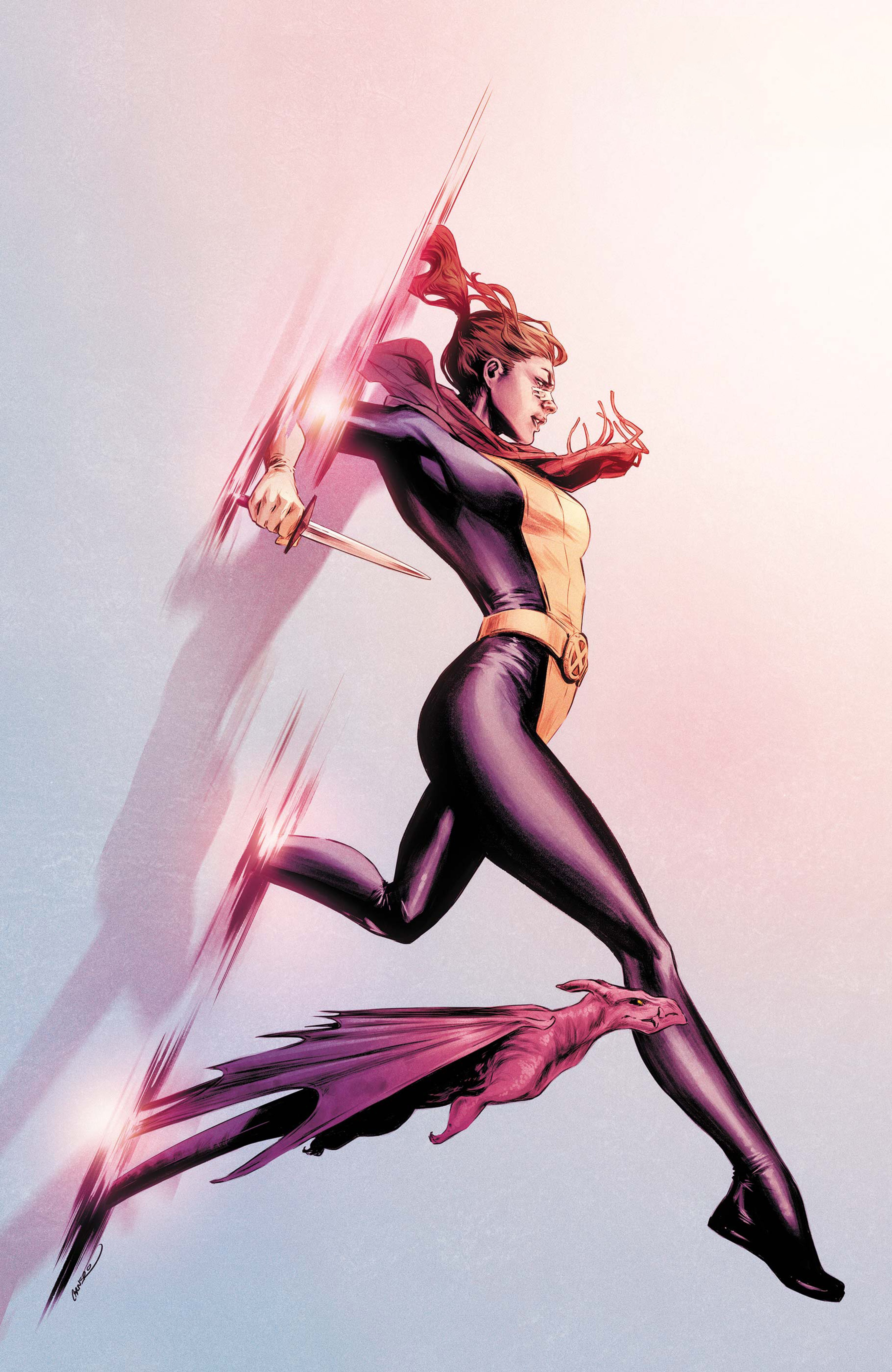 A female superhero character in a dynamic action pose.