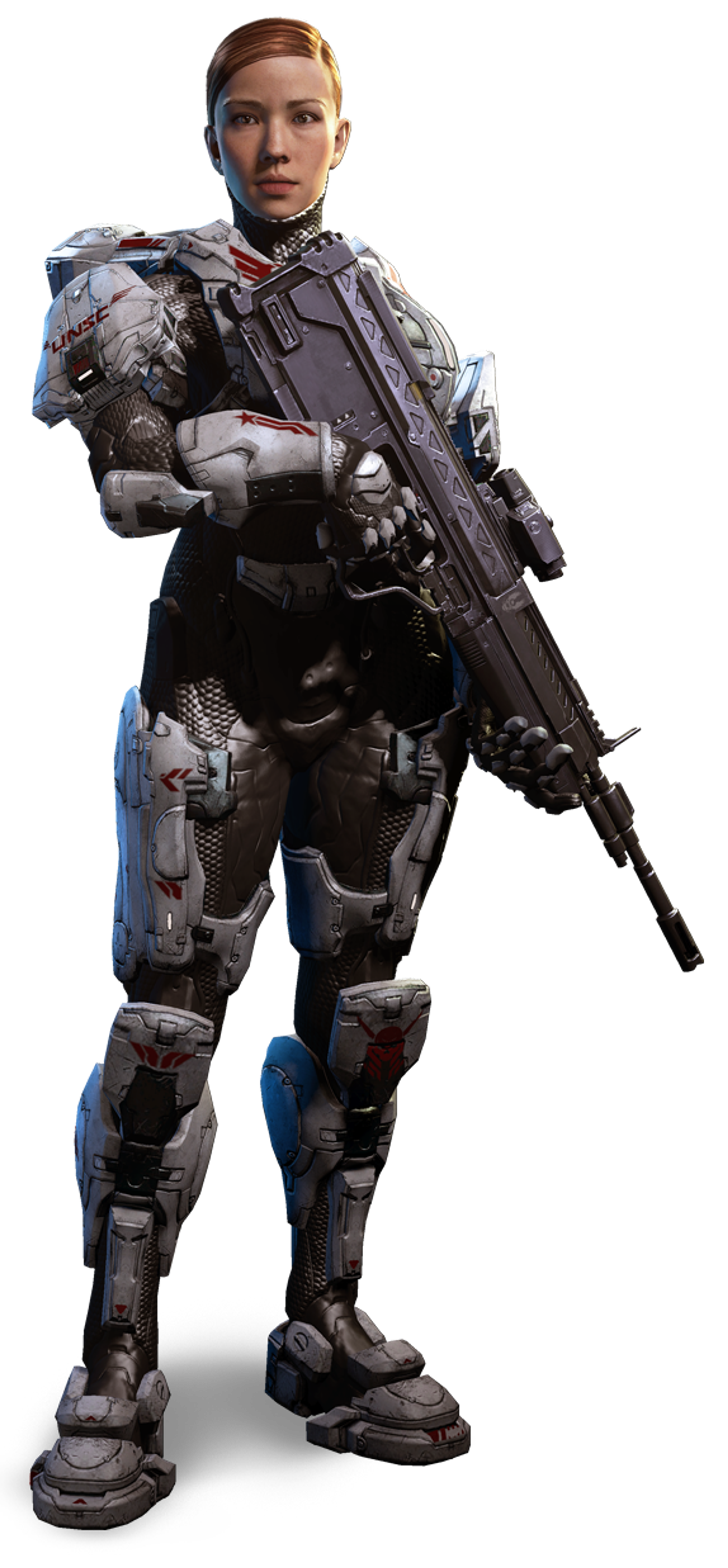 A female soldier in futuristic military armor holding an assault rifle