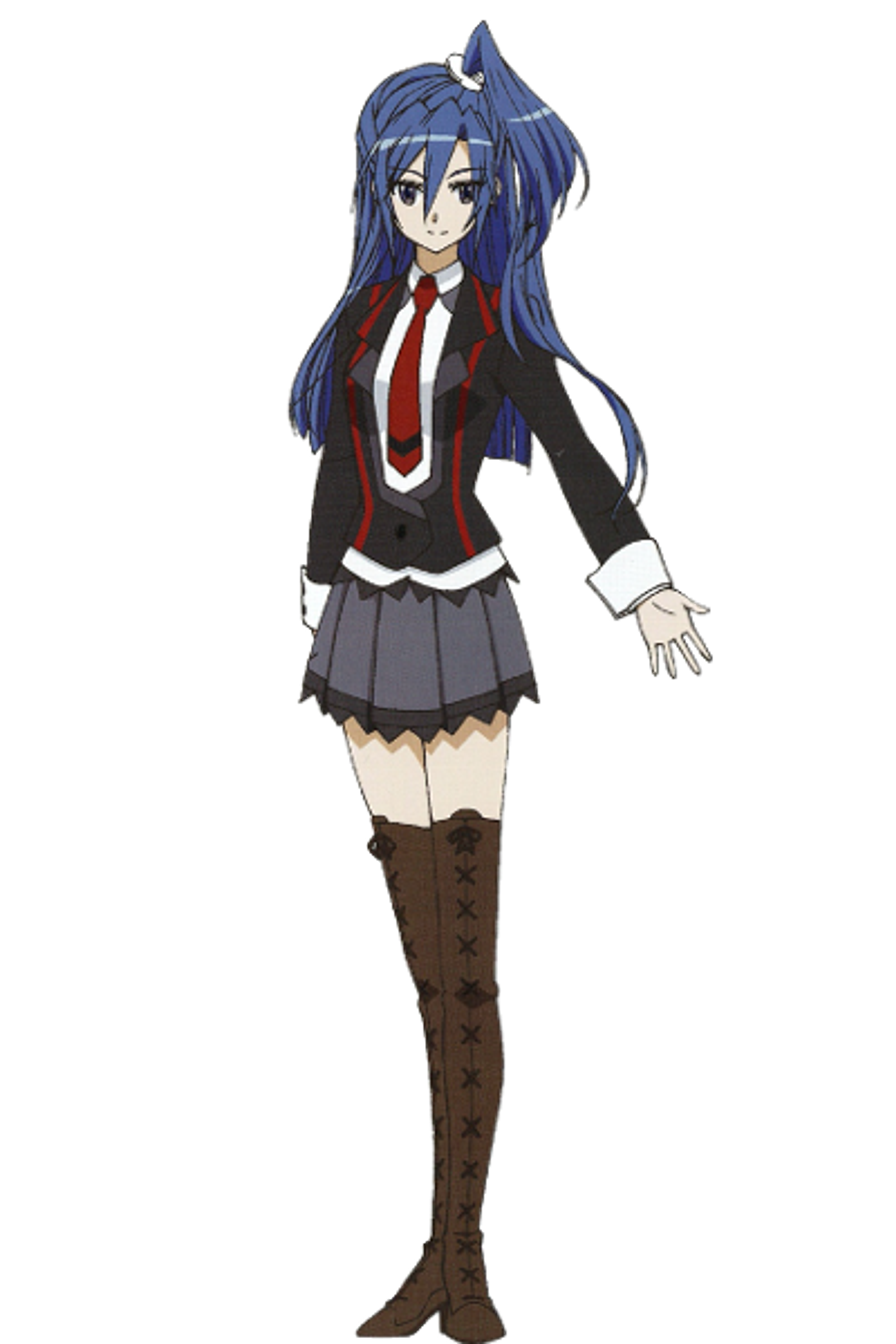 An anime-style character with blue hair wearing a red uniform
