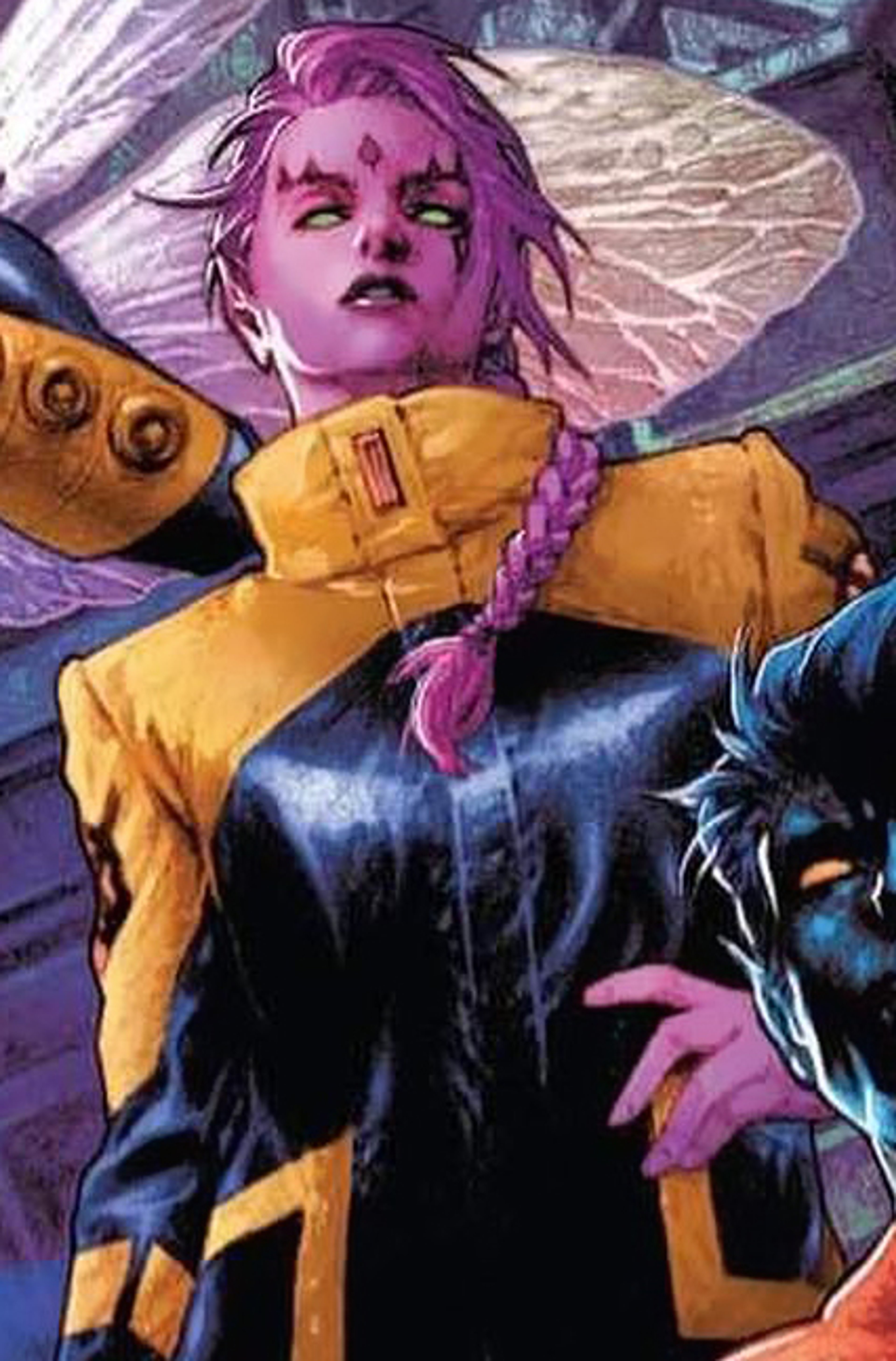 A striking, pink-skinned mutant character with pointed ears and long, flowing pink hair wearing a yellow and black outfit.