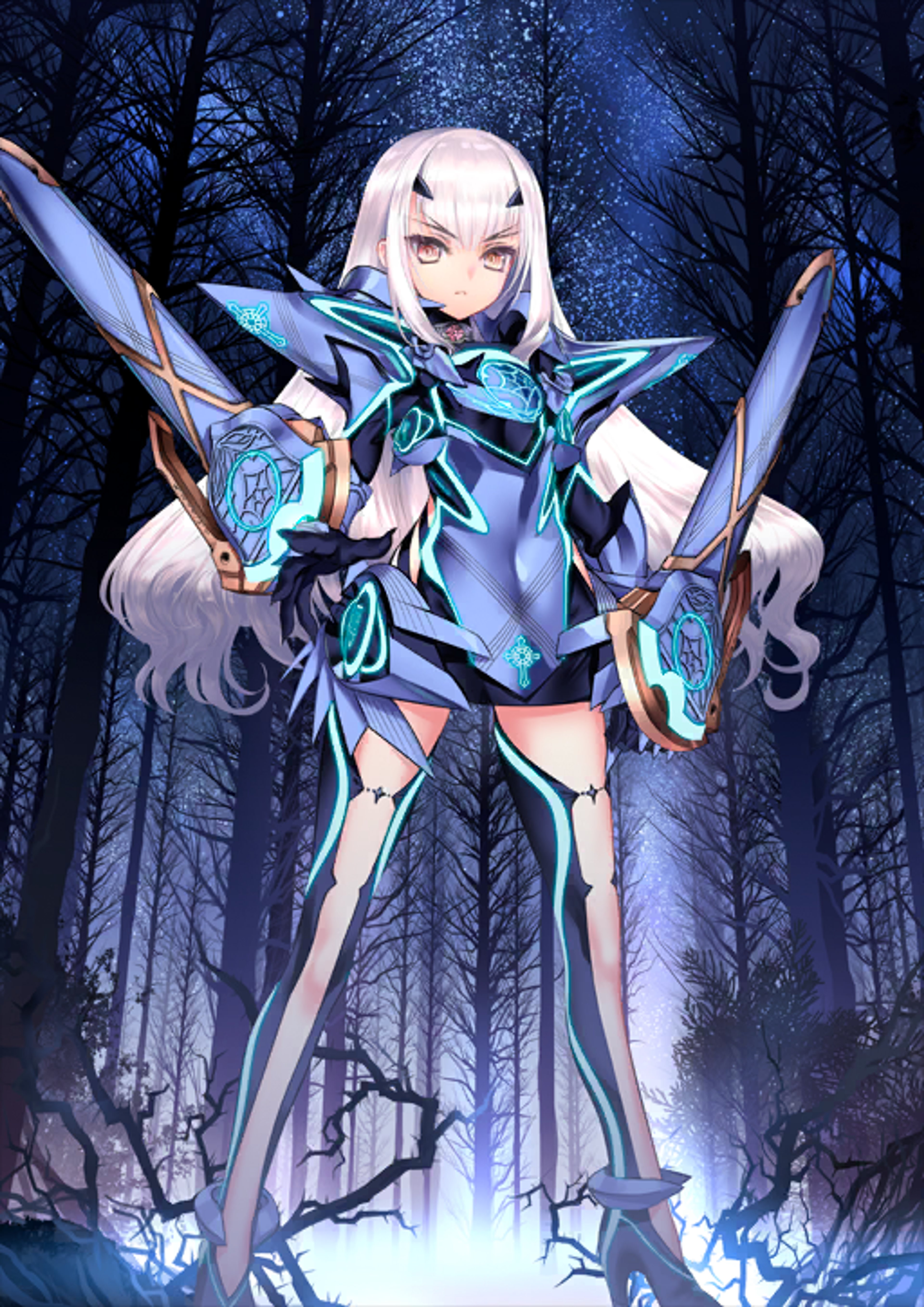 A powerful and enigmatic Fairy Knight named Mélusine, wielding magical energy in a dark, forested setting.