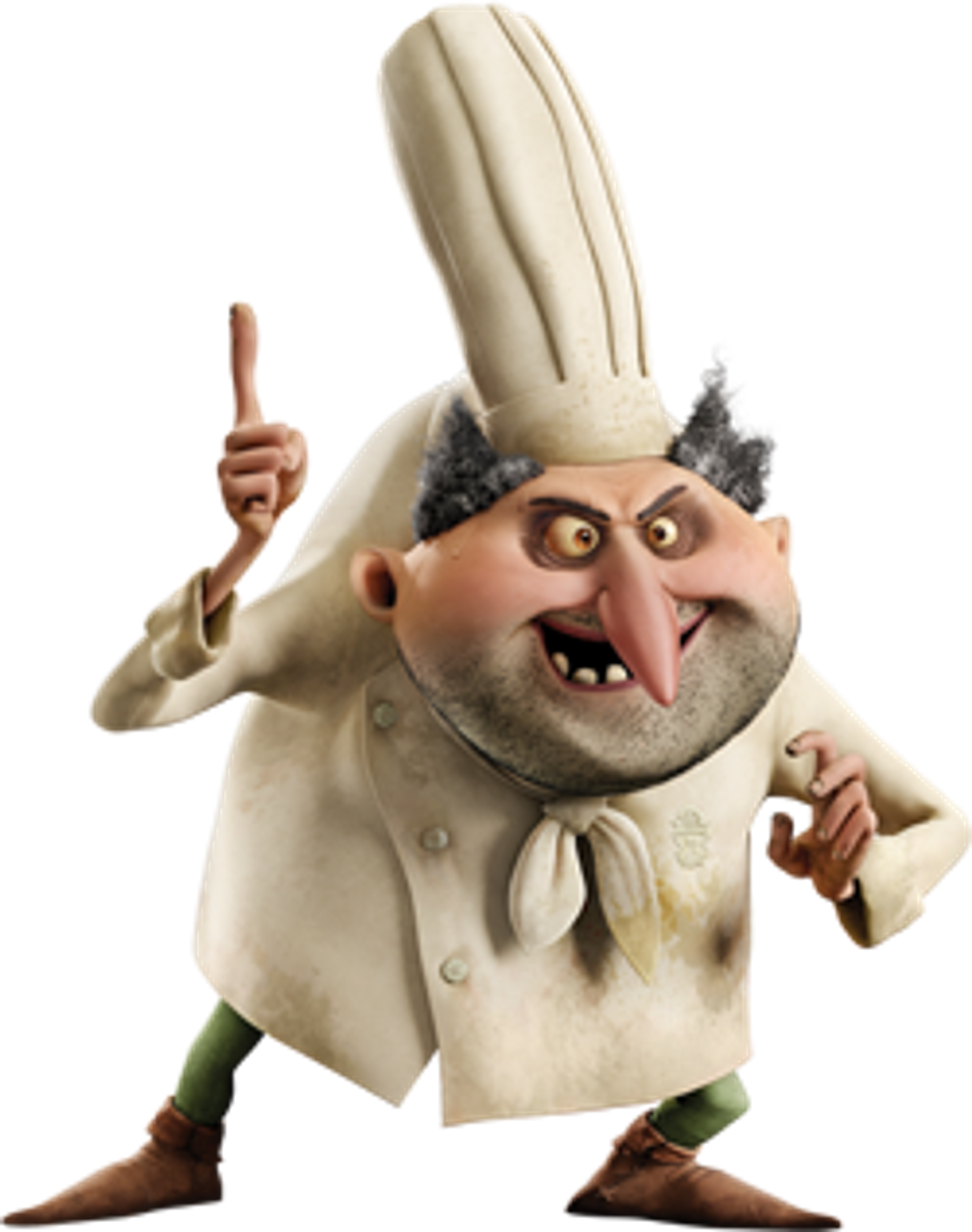 Quasimodo was born with a deformity that gave him his distinctive hunched appearance, making him an outcast among humans but accepted in the monster world.,He trained as a chef in the finest monster culinary academies, developing a sophisticated palate and exceptional cooking skills that eventually earned him the position at Hotel Transylvania.,At some point, he developed an obsession with cooking humans, considering them the ultimate delicacy despite (or perhaps because of) the taboo nature of such dishes in monster society.,He formed a close bond with his pet rat Esmeralda, training her to detect humans by scent and becoming his loyal companion and accomplice.,He was hired by Count Dracula to serve as the head chef at Hotel Transylvania, where his culinary skills were highly praised despite his eccentric and sometimes troubling behavior.,His reputation for excellence made him prideful and difficult to work with, leading to a contentious relationship with the kitchen staff who feared his unpredictable temper.