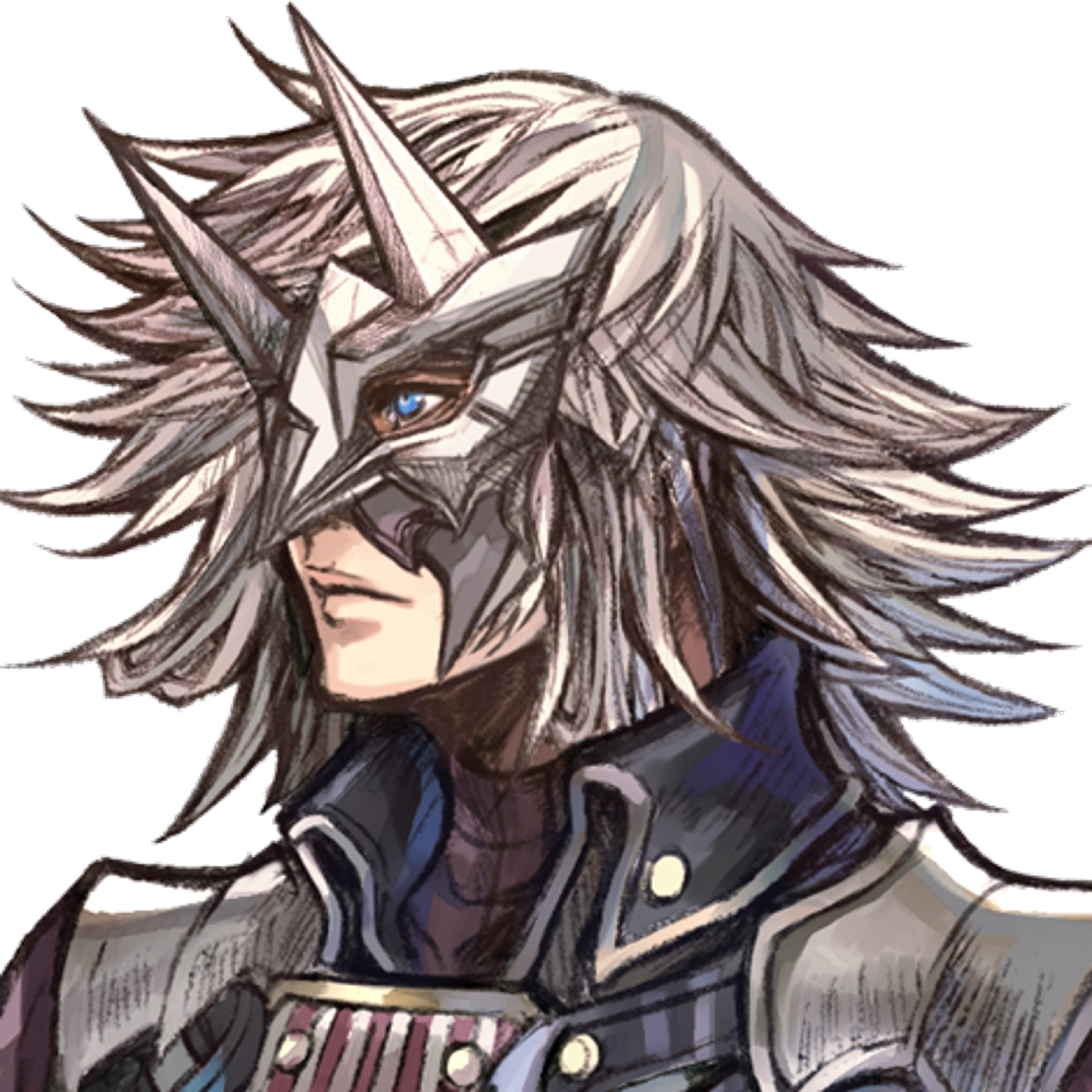 A male character with gray hair and red eyes wearing a dark outfit with armor-like elements