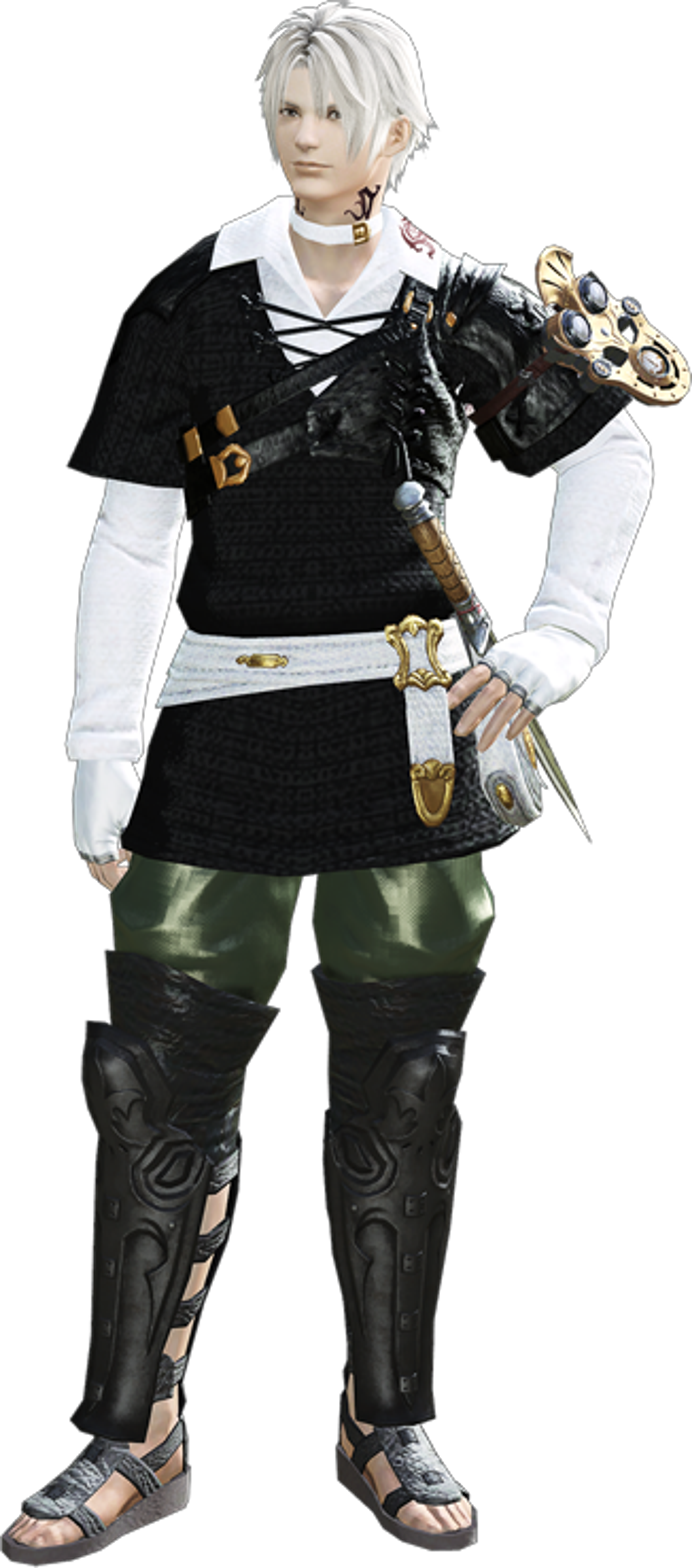 A male character with white hair and a youthful, androgynous appearance wearing a black outfit with gold accents.