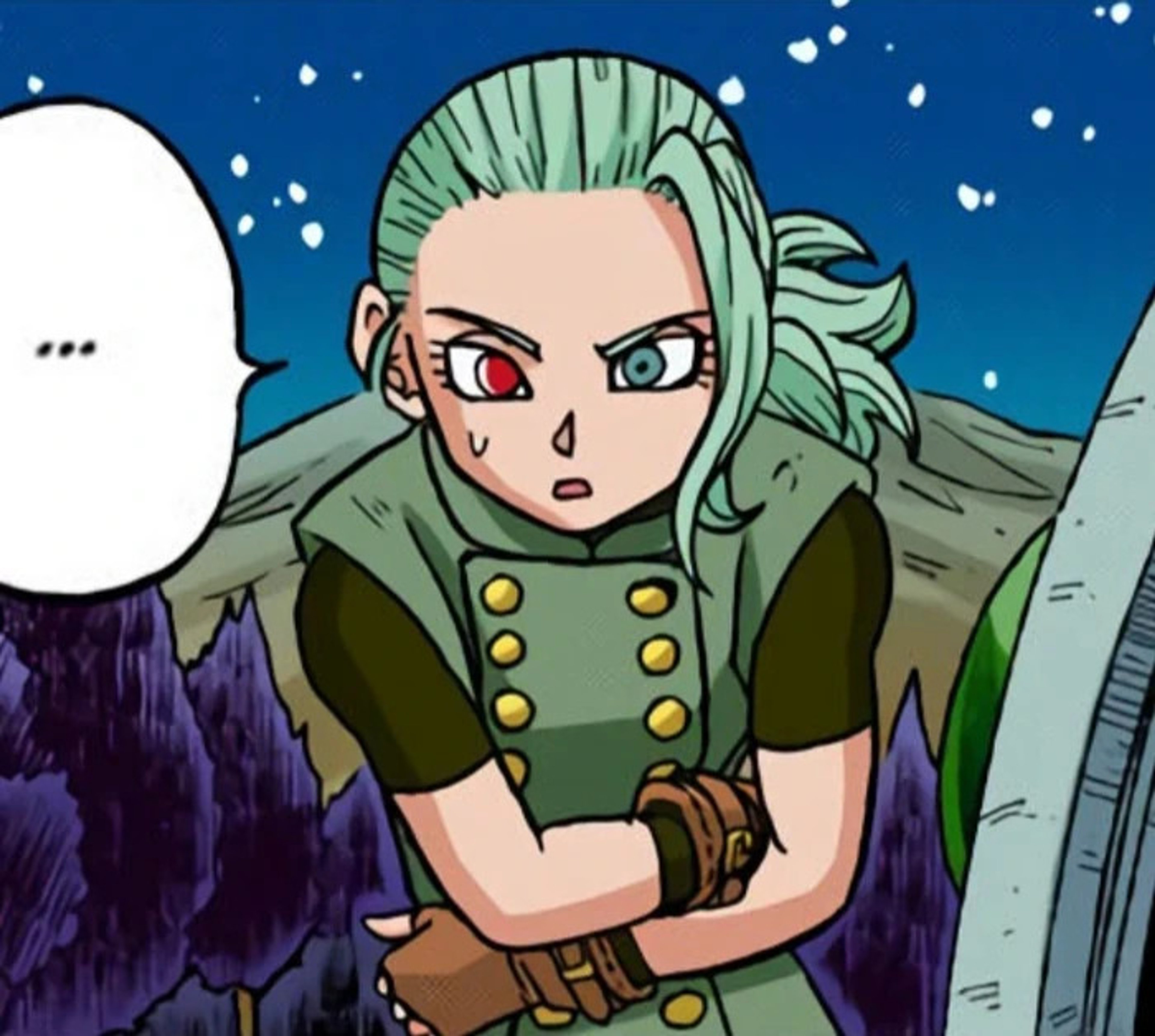 A female character with short, light-colored hair in a ponytail, wearing a green coat, dark shirt, gloves, and boots.