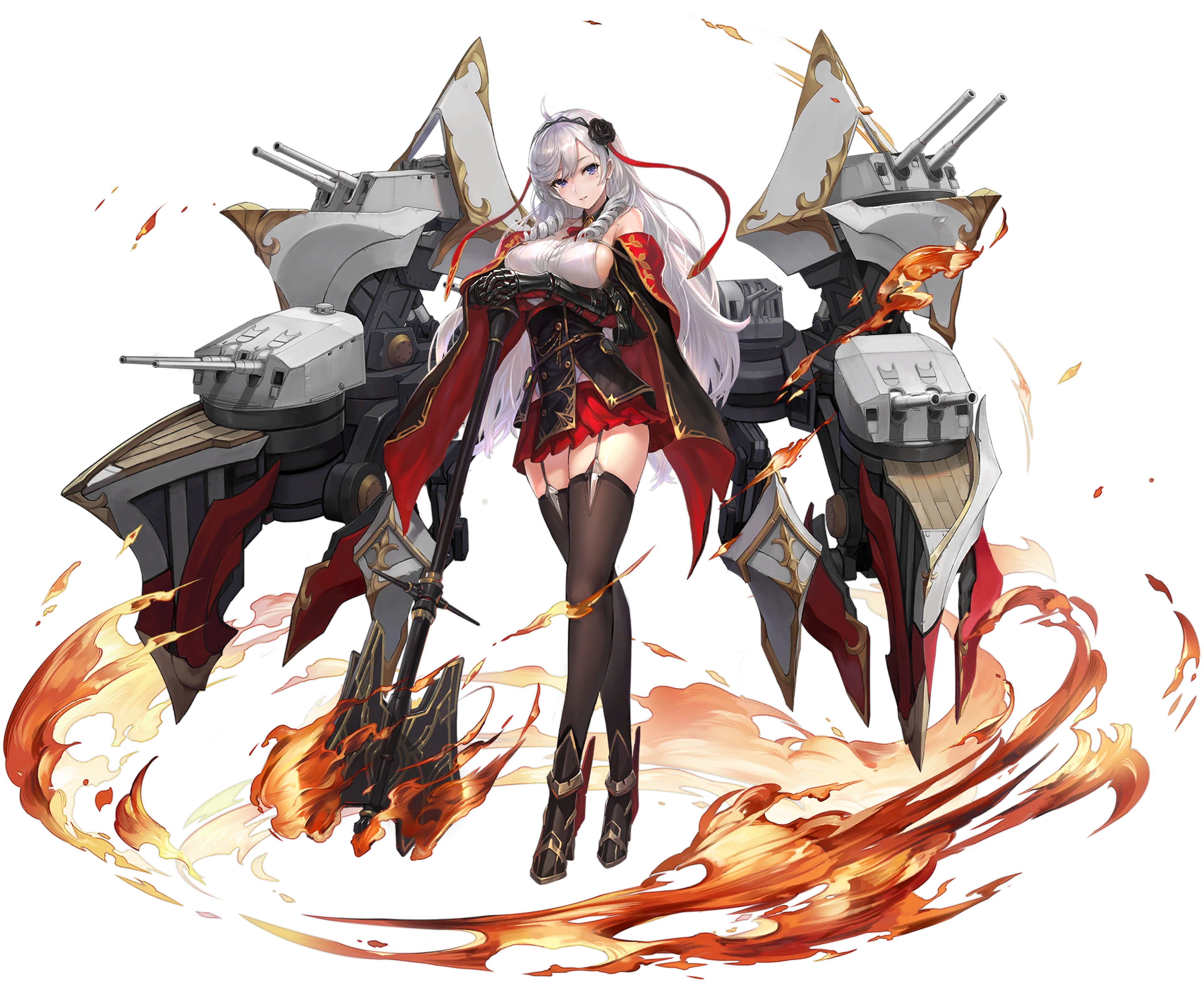 A heavily armored female character in a naval uniform with North African influences, standing in a dramatic pose surrounded by flames and military equipment.