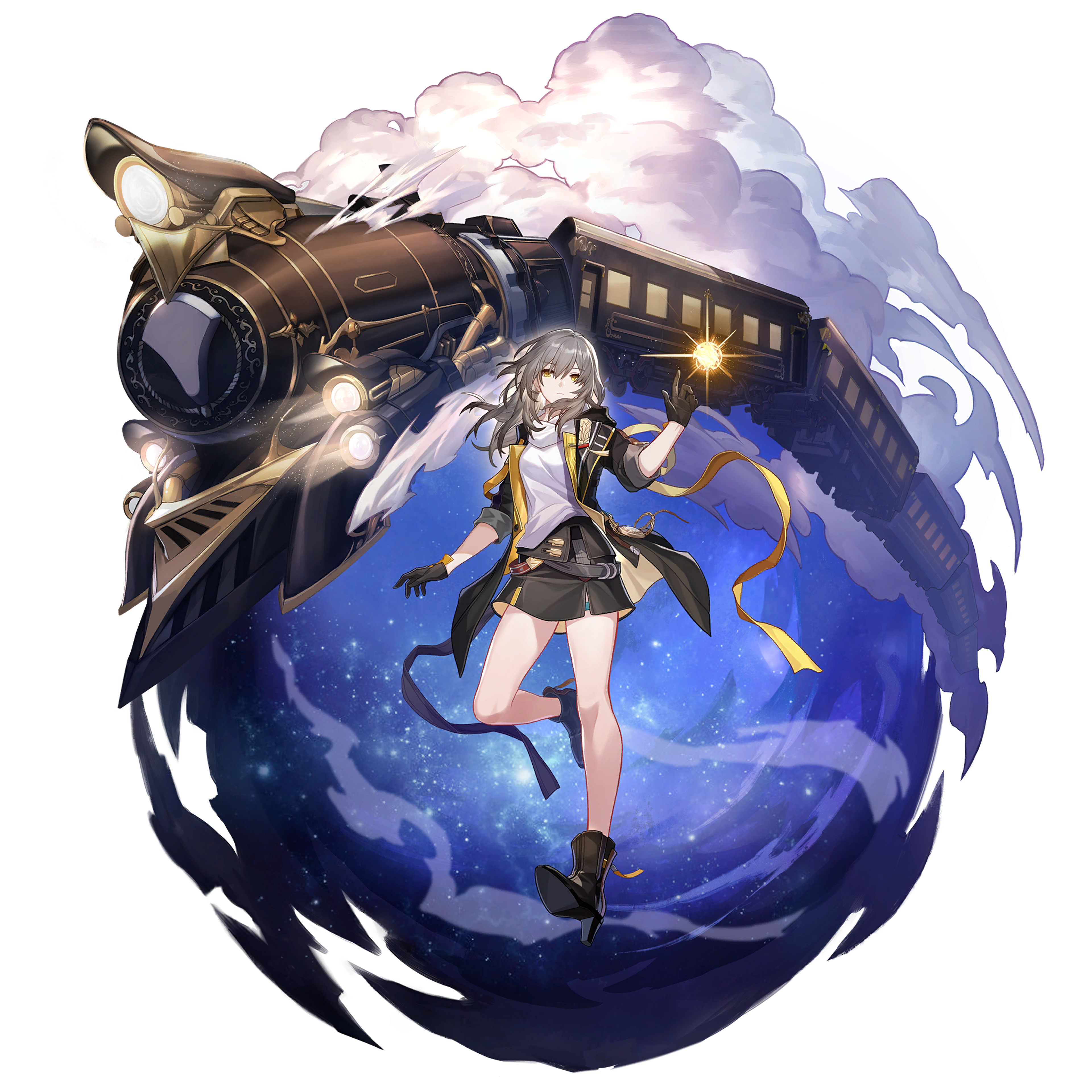 A young woman with blue hair and a determined expression, wearing a white and blue outfit, standing in a fantastical, science-fiction setting.