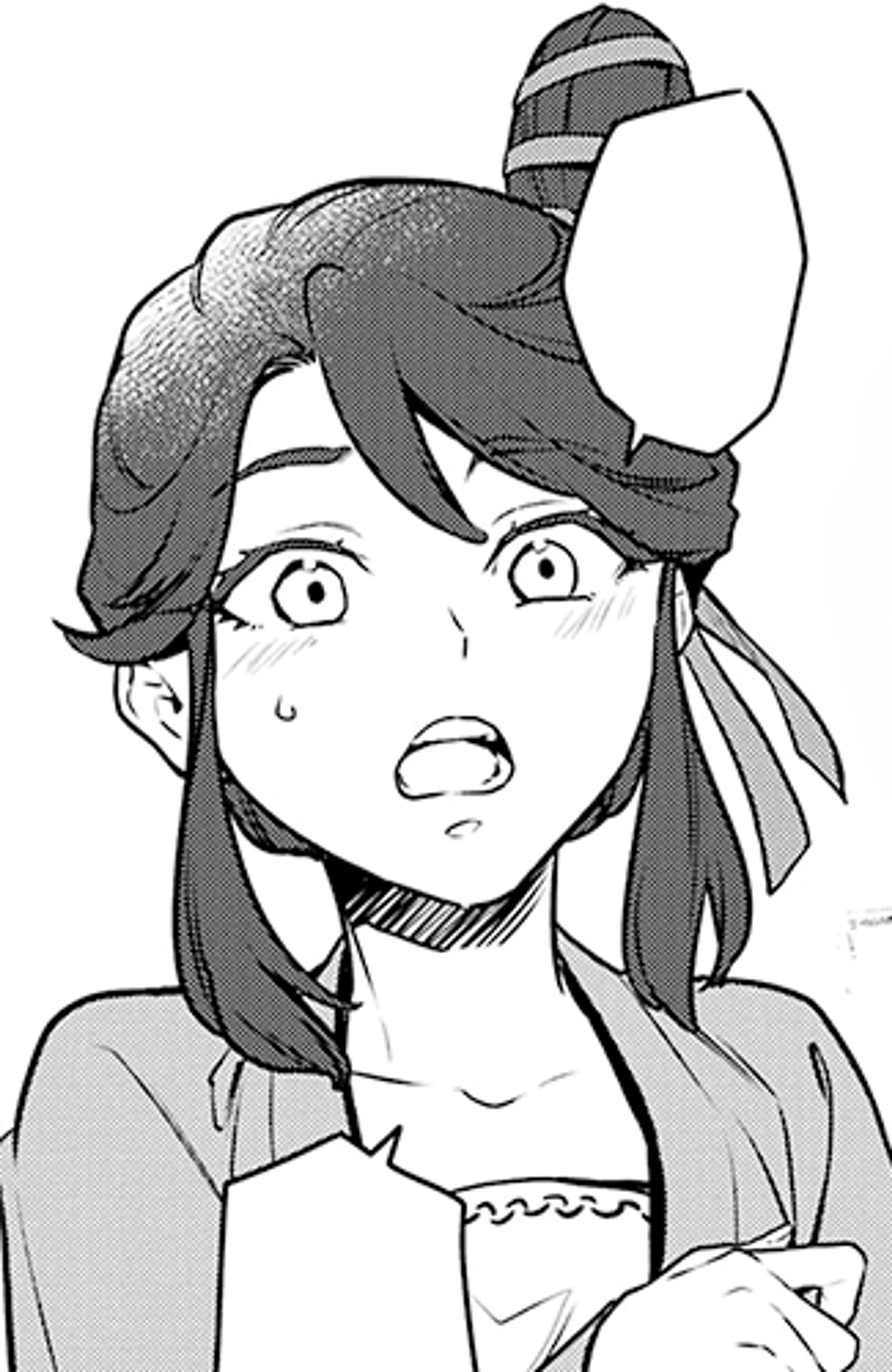 A young woman with a red ribbon in her hair, wearing formal attire and presenting a guarded, proper demeanor.