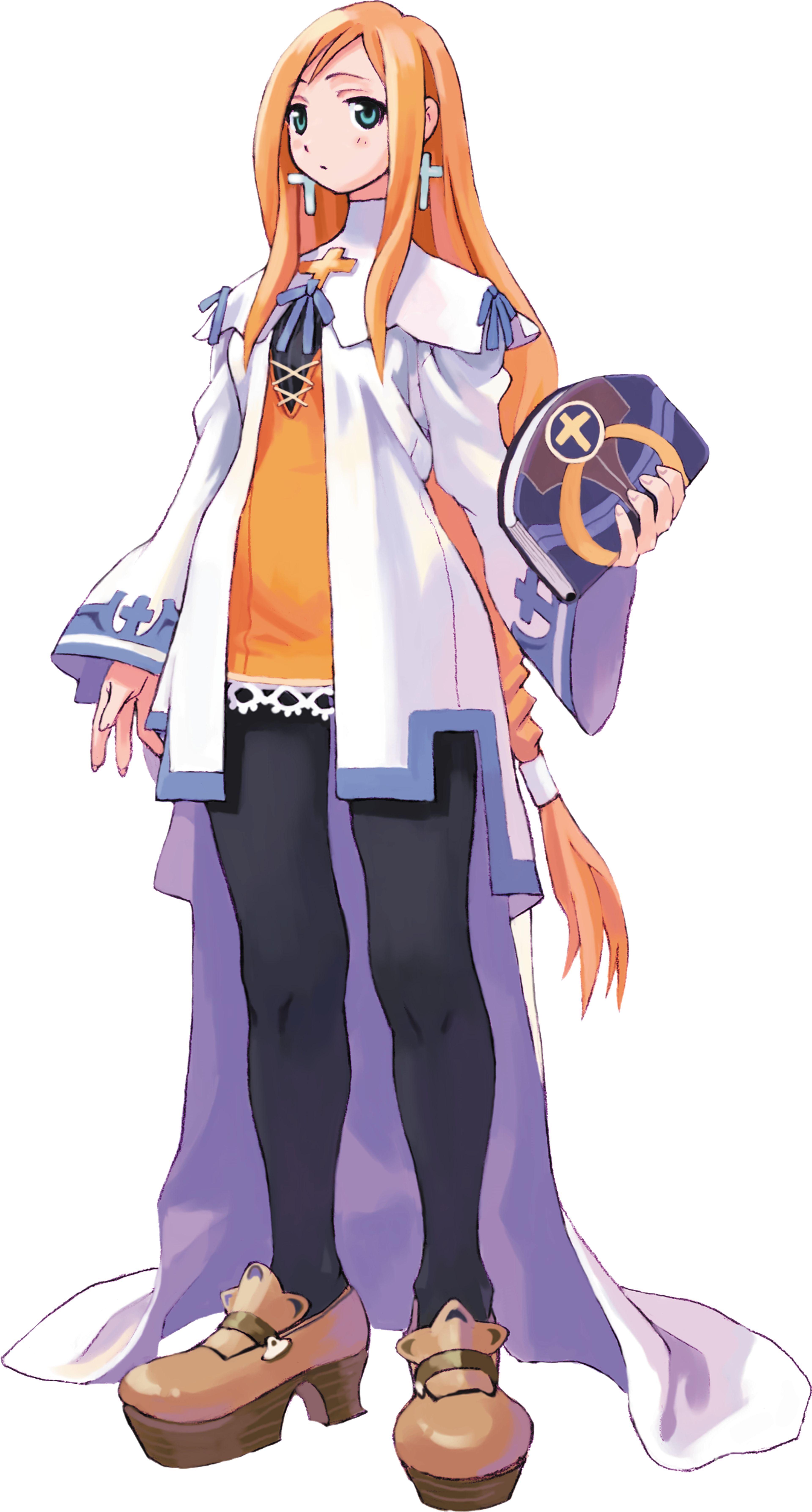 A young, petite woman with long strawberry blonde hair wearing a white robe with purple accents