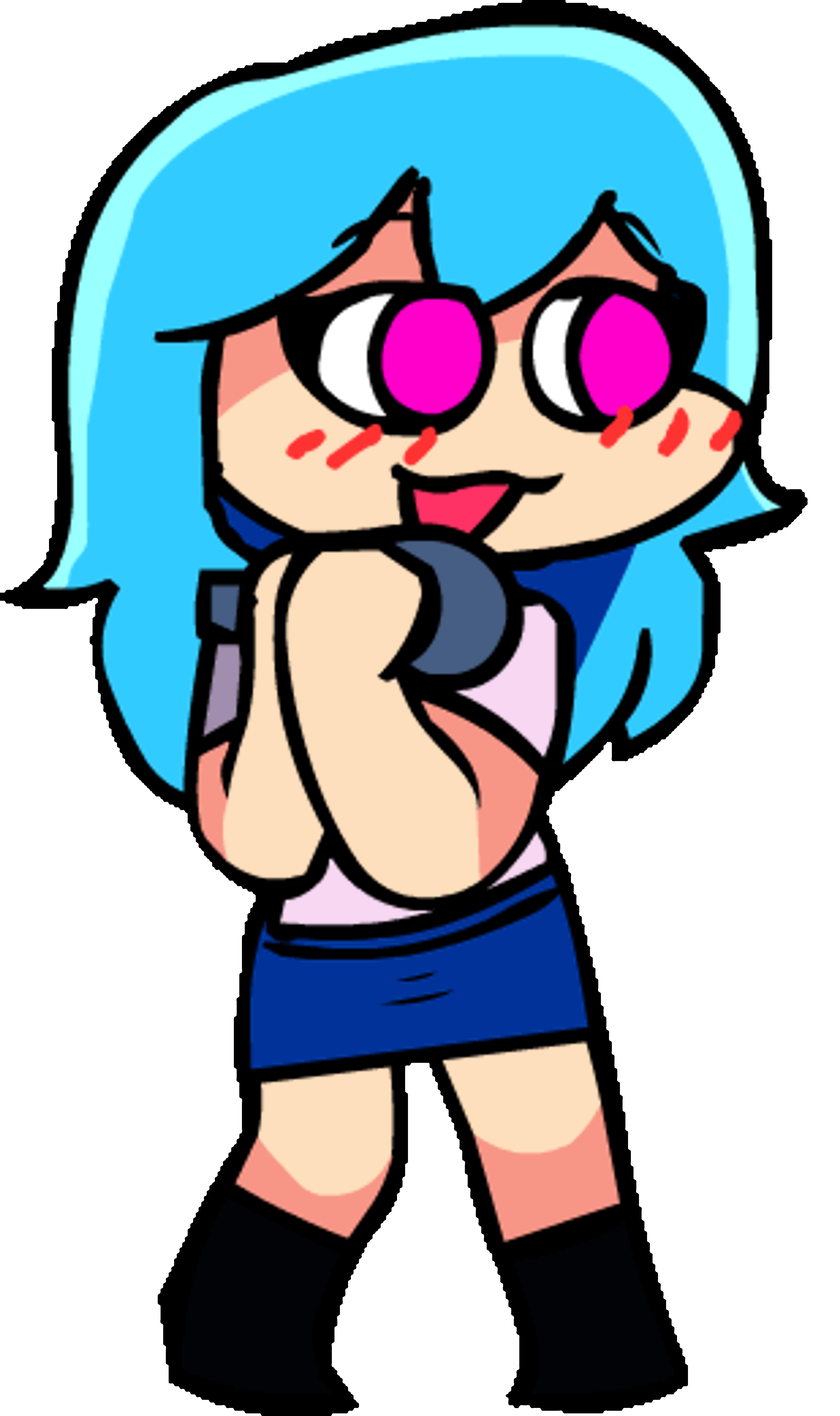 A cartoon-style character with blue hair, magenta eyes, and an expressive facial expression