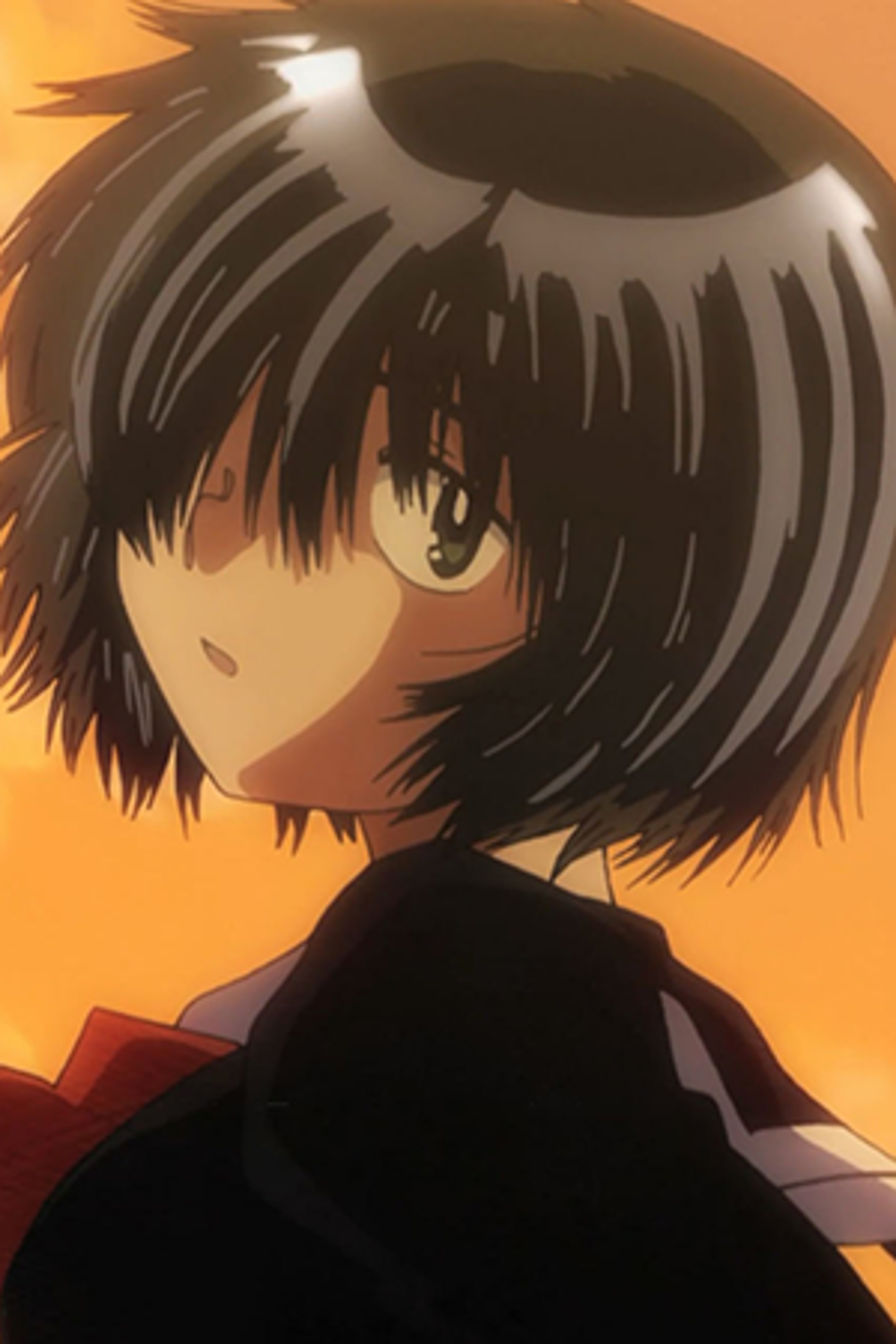 An anime-style character with long dark hair covering half their face, wearing a dark school uniform and having a serious expression.