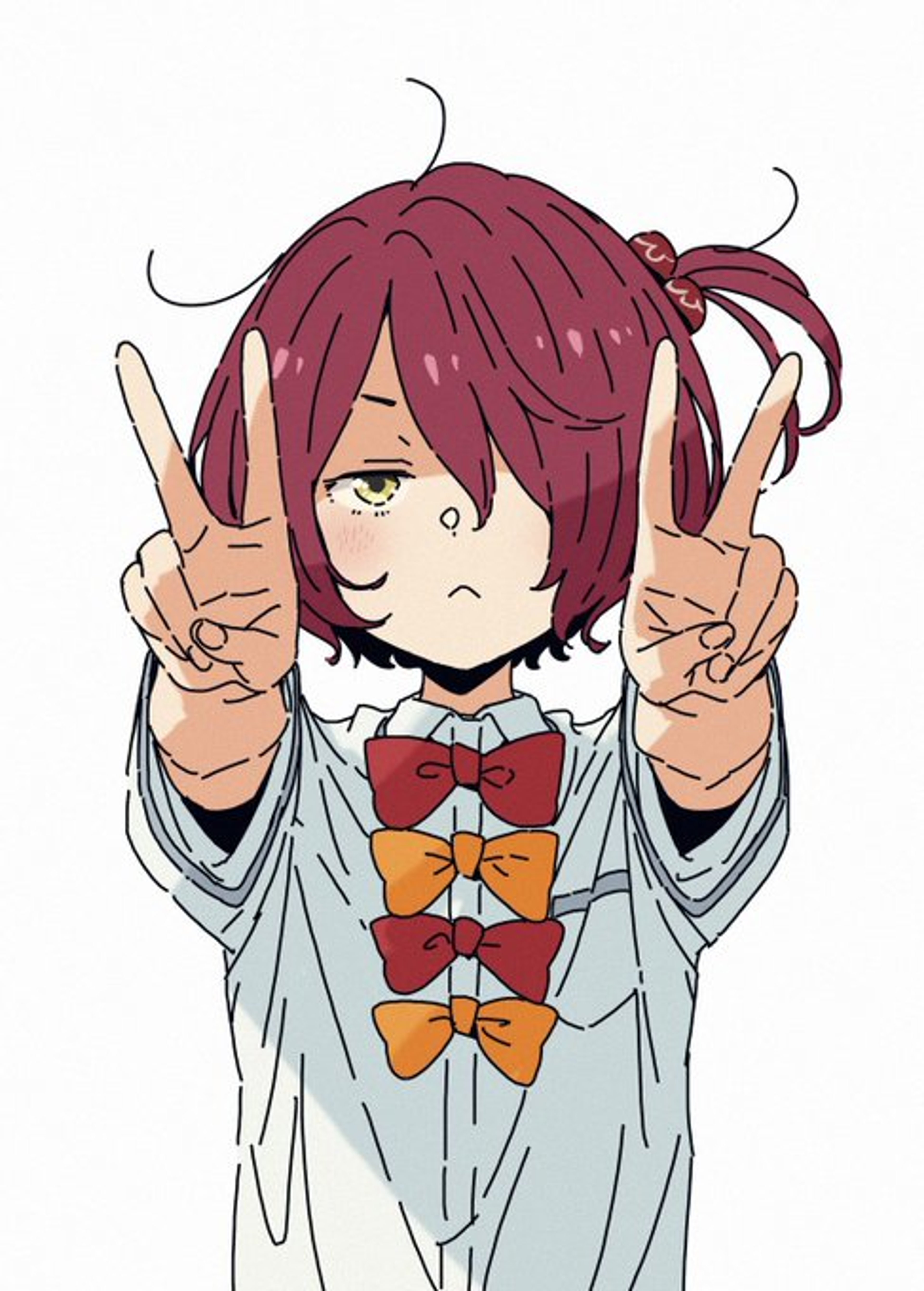 An anime-style character with long, dark red hair in twin tails making a peace sign gesture