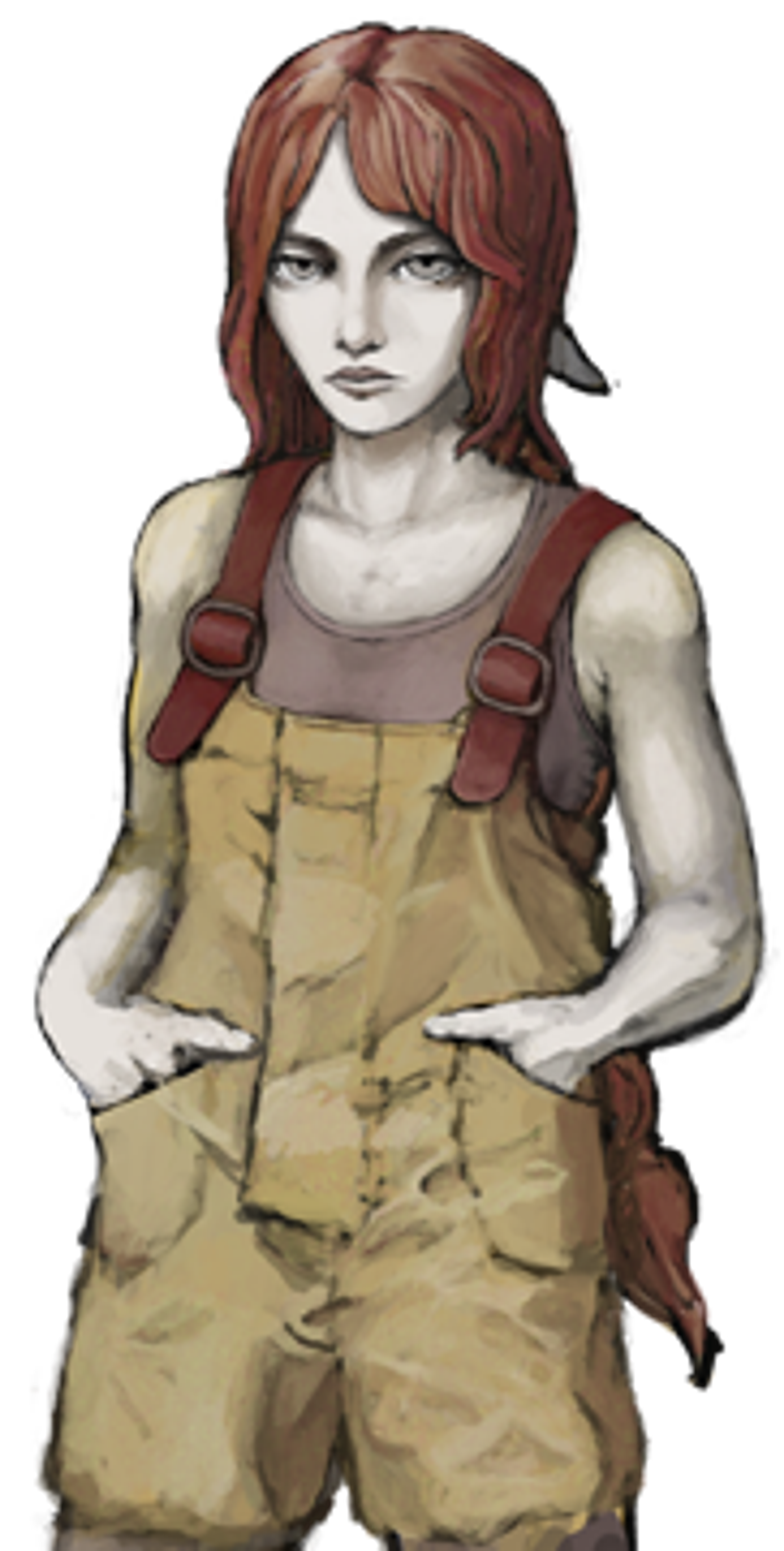 A young woman with red hair wearing a yellow jumpsuit