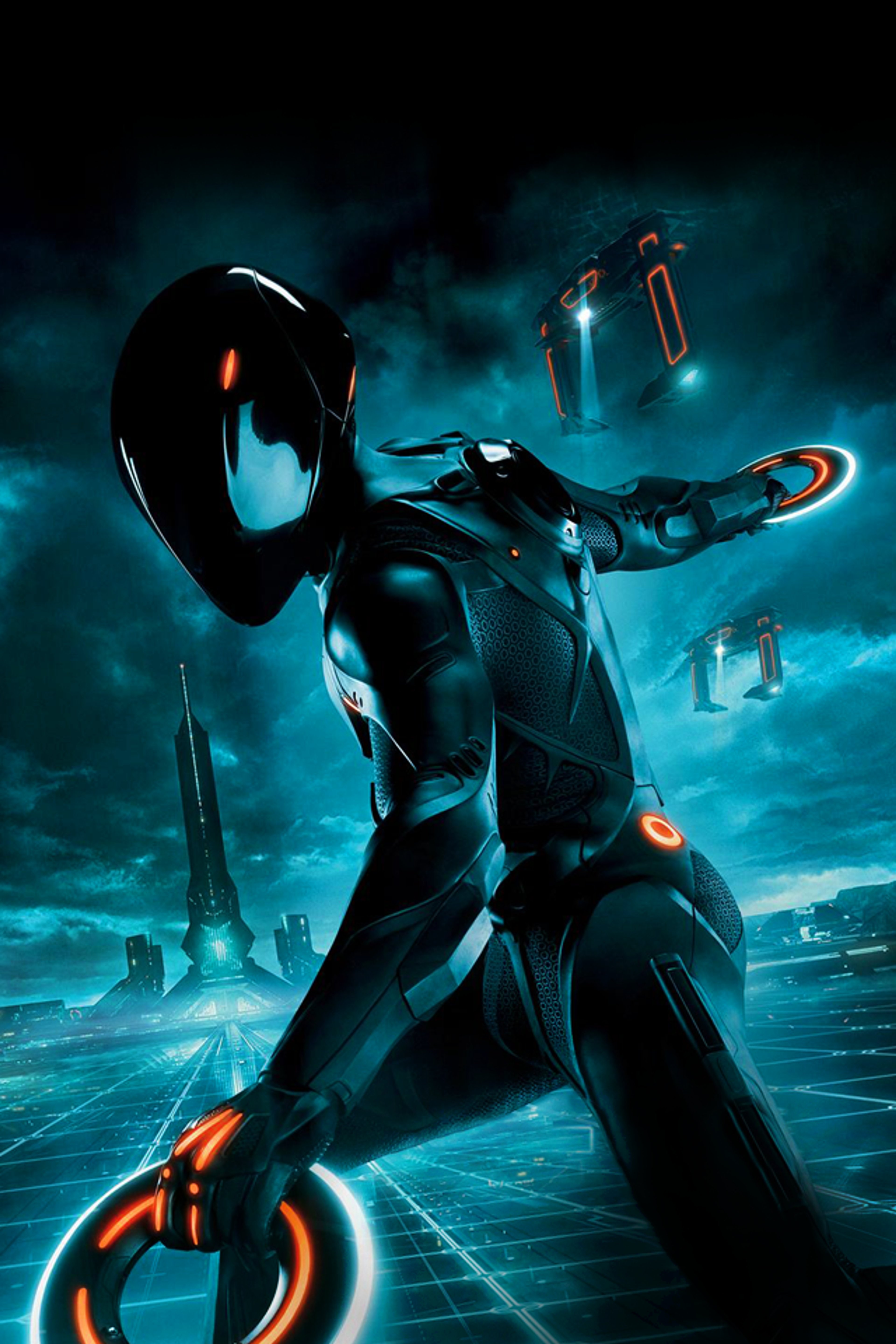 A futuristic warrior program named Rinzler, wielding two identity discs in a dark, digital environment.