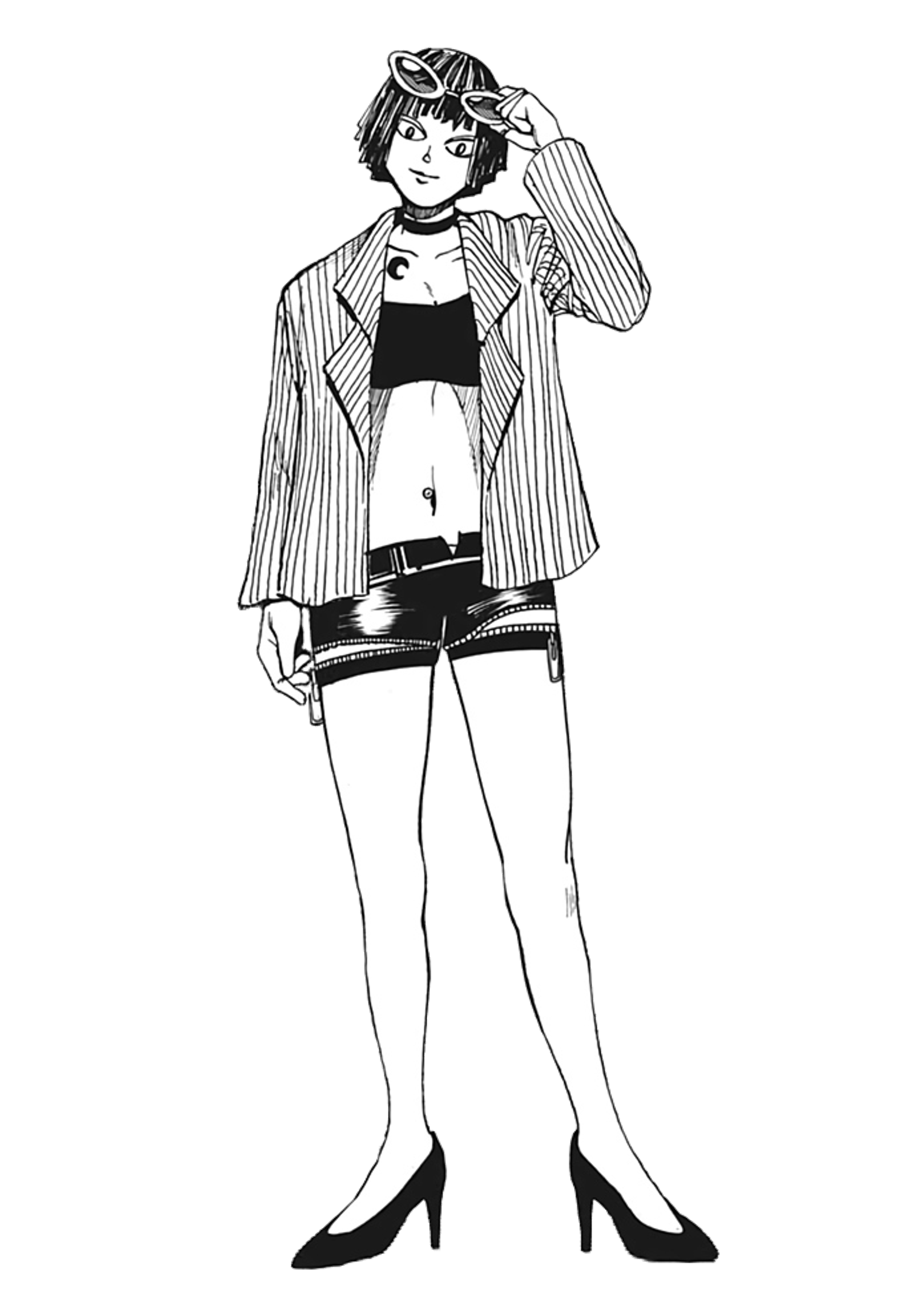 A young woman with long, wavy hair wearing a black crop top and white jacket, with a confident, mischievous expression.