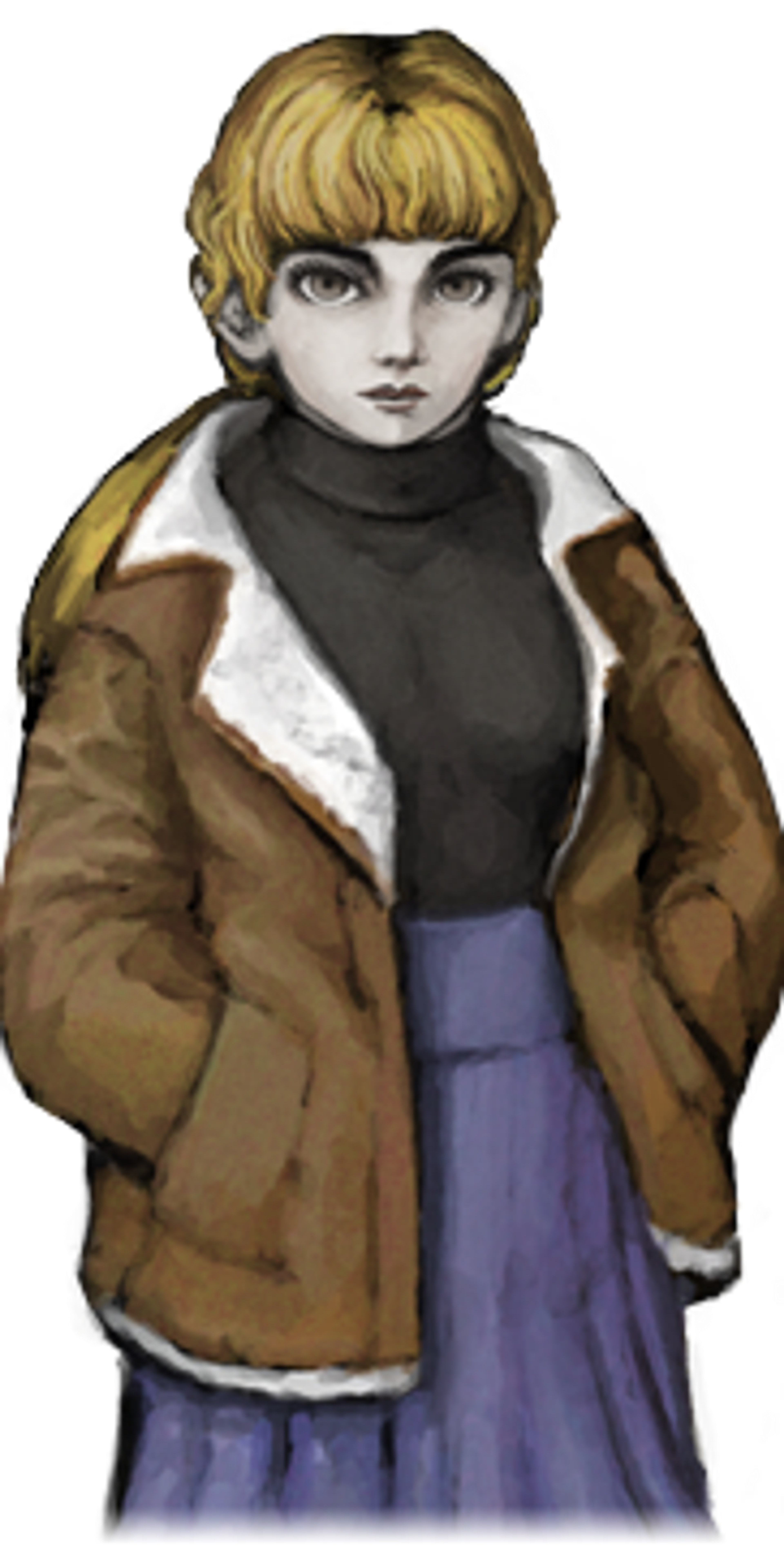 A young woman with blonde hair wearing a brown jacket and black turtleneck