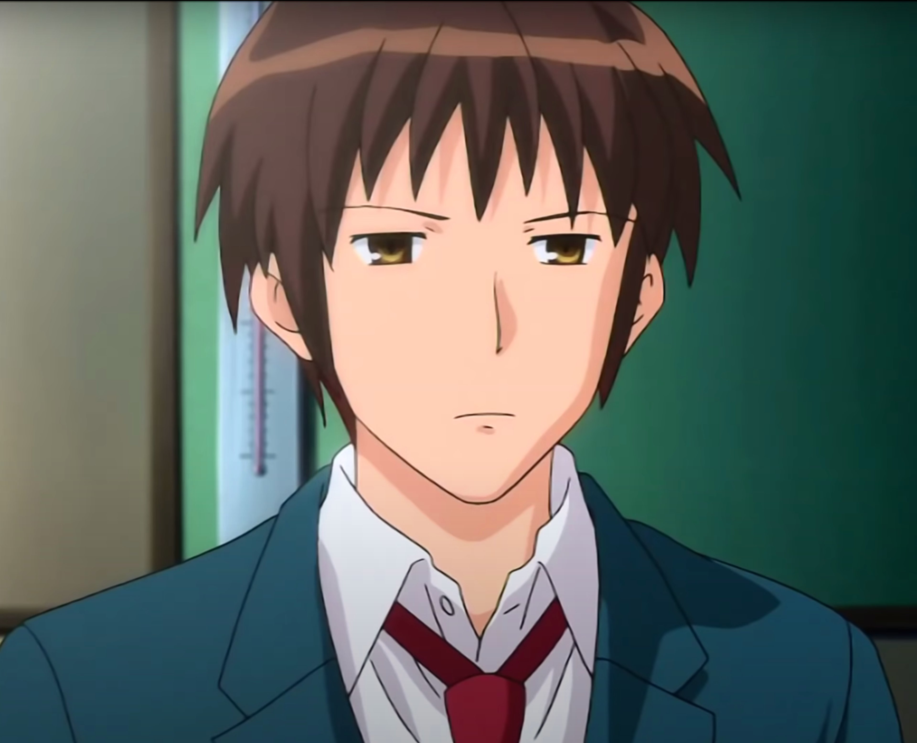 A young male anime character in a school uniform with a serious expression