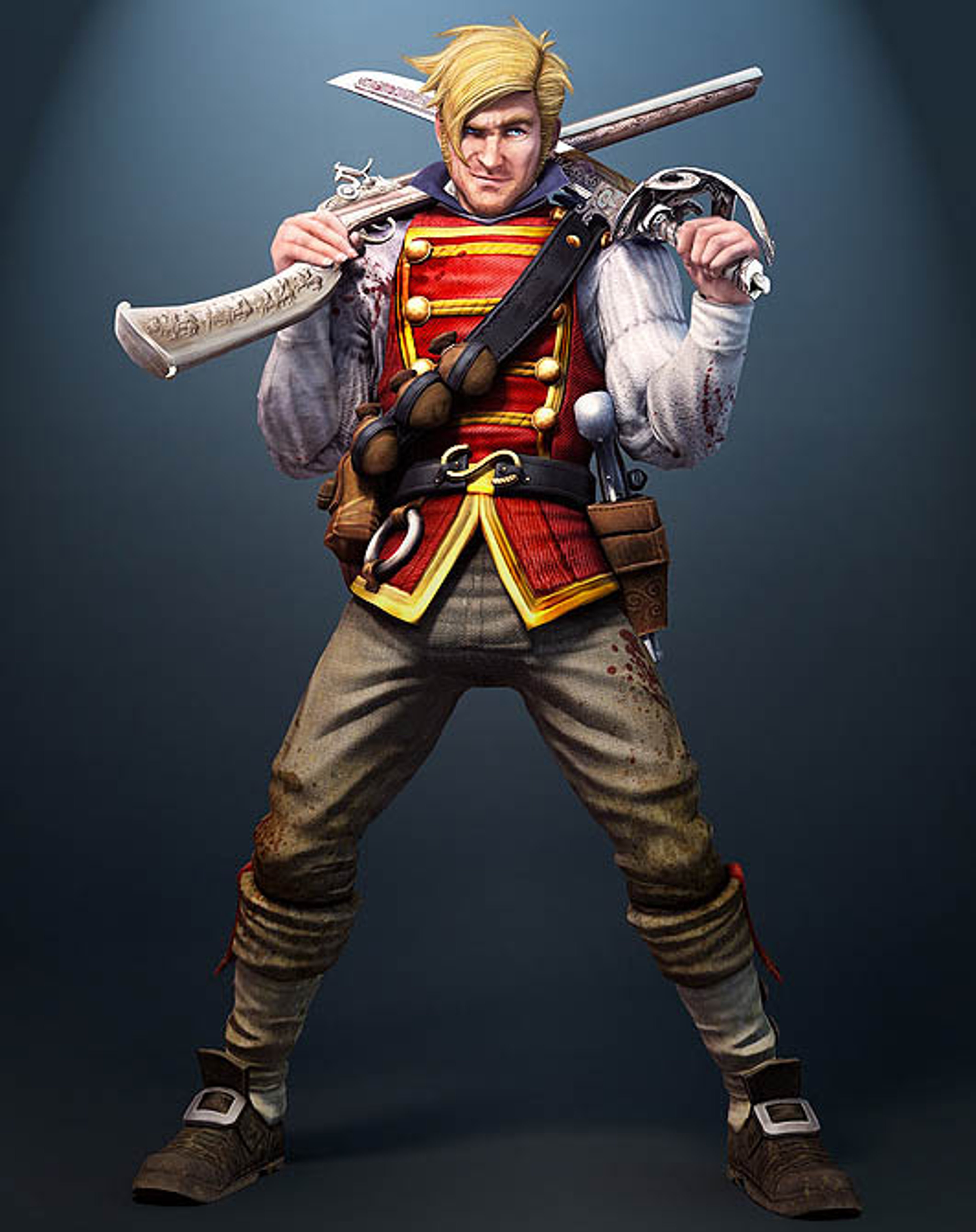 A soldier in a red and gold military uniform holding two large crossed weapons