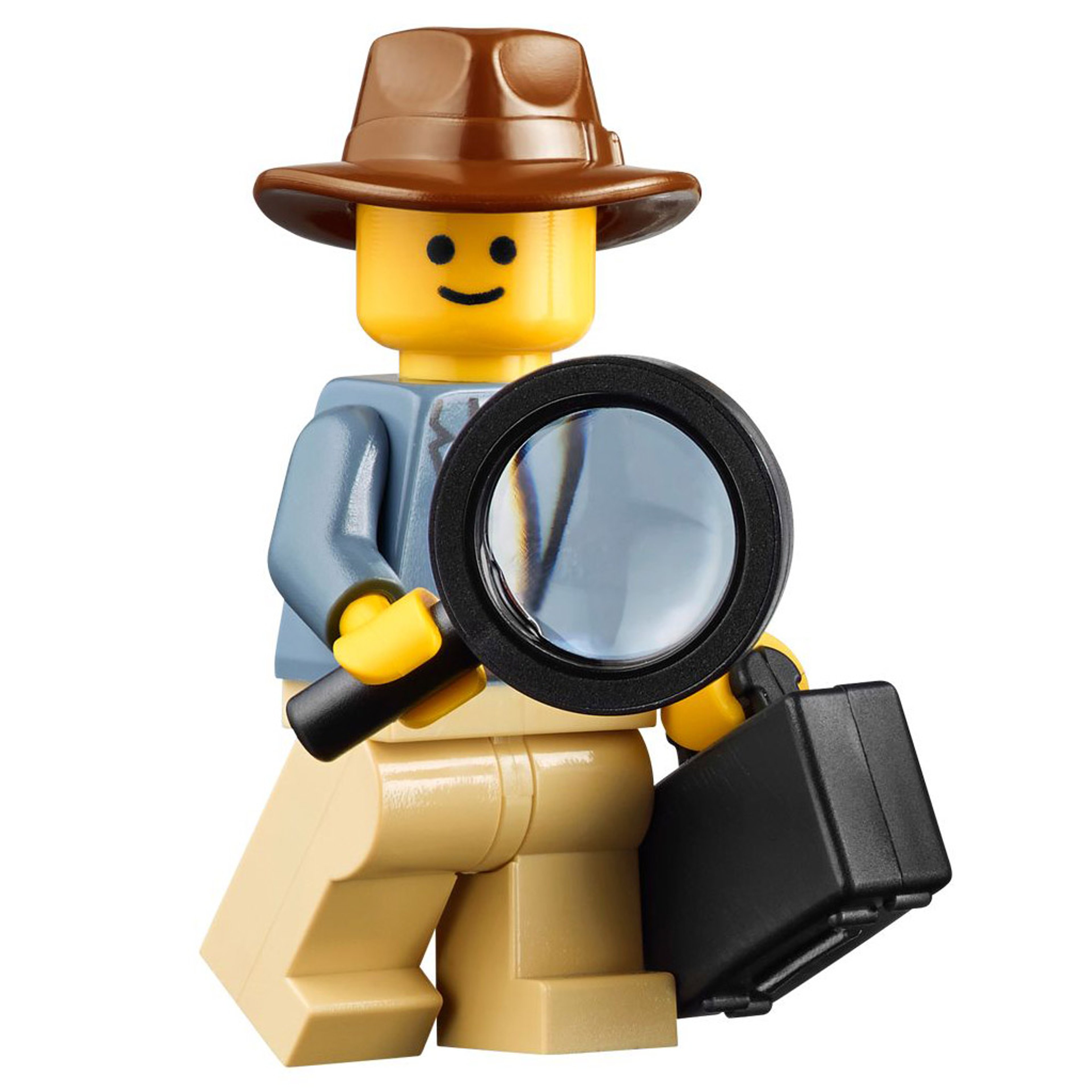 A LEGO minifigure detective character holding a magnifying glass