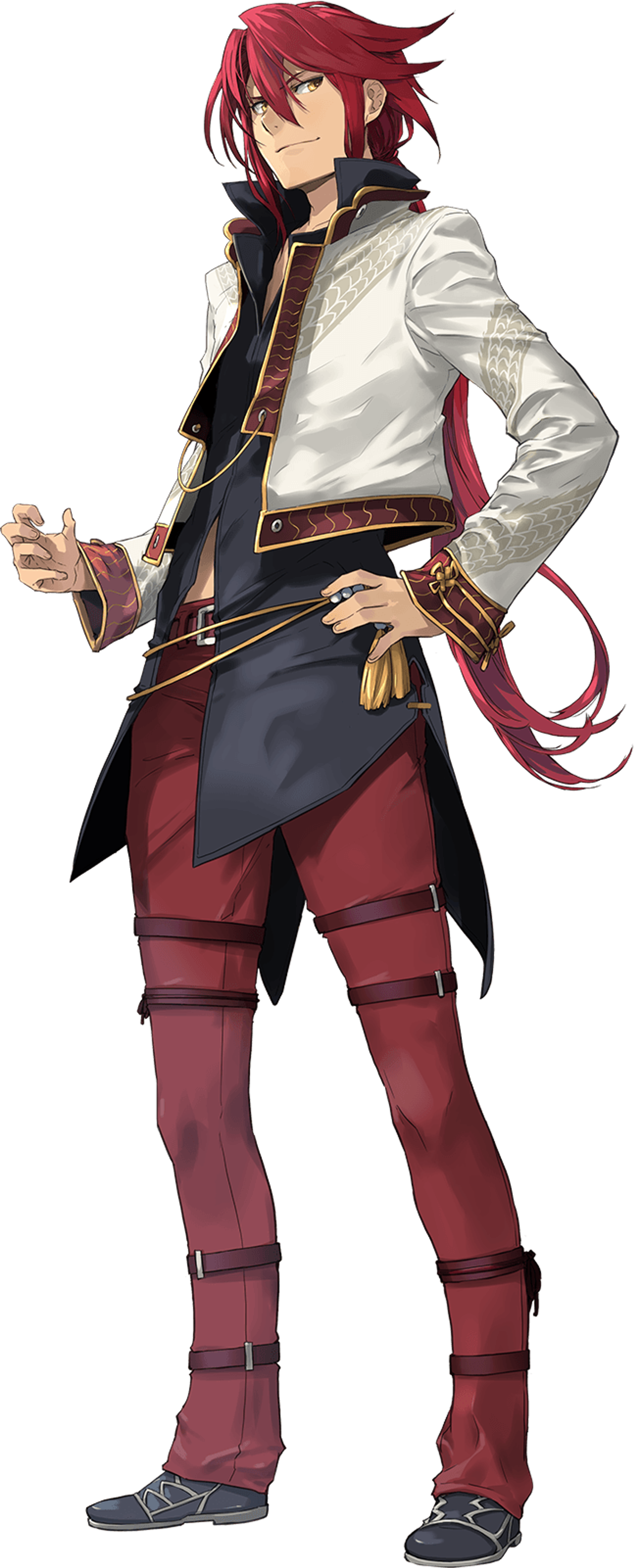 A young man with red hair and yellow eyes wearing a white shirt, red pants, and black boots.