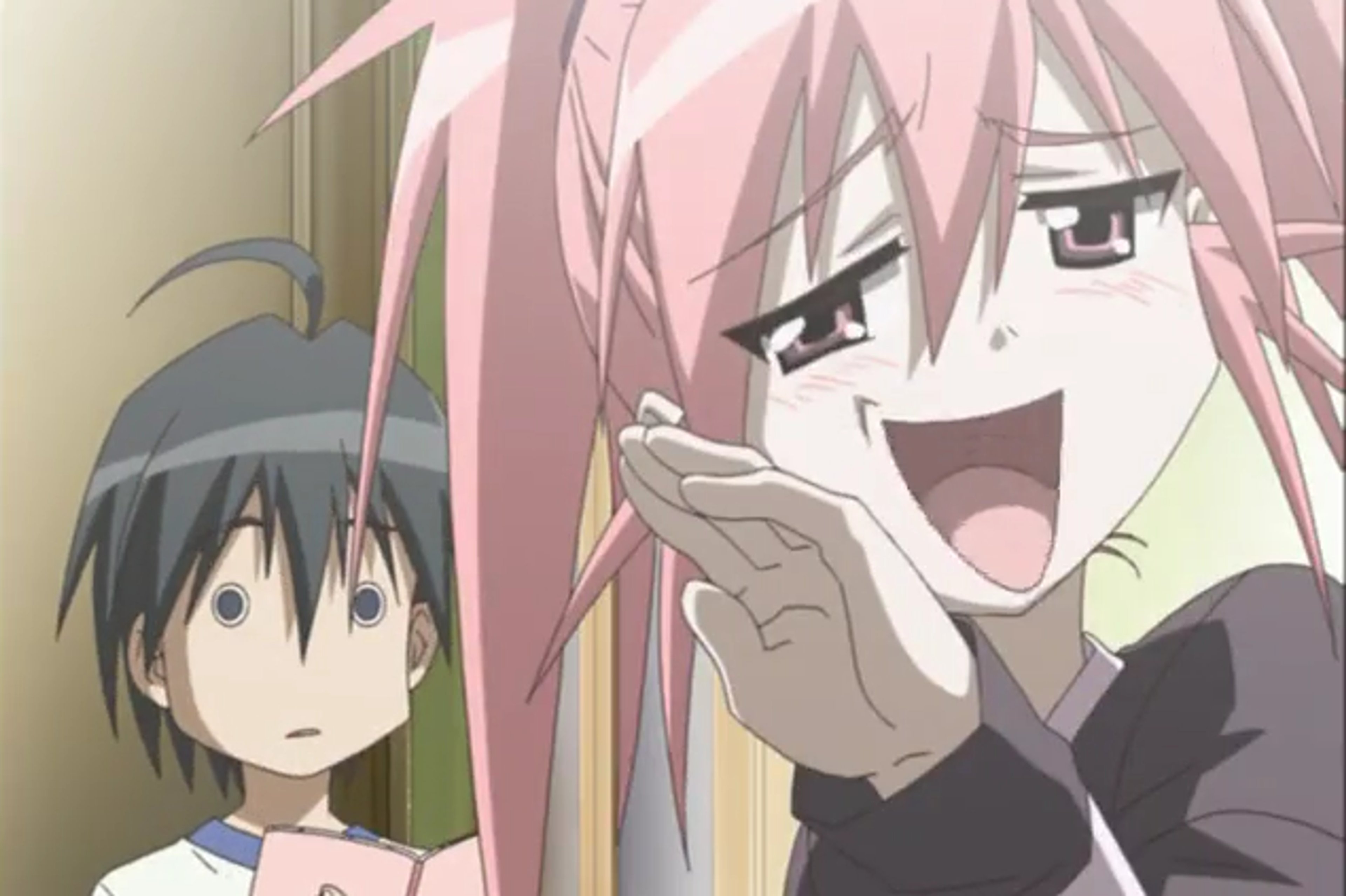 An anime-style character with pink hair and eyes, wearing a black outfit with a white collar, making a playful facial expression.