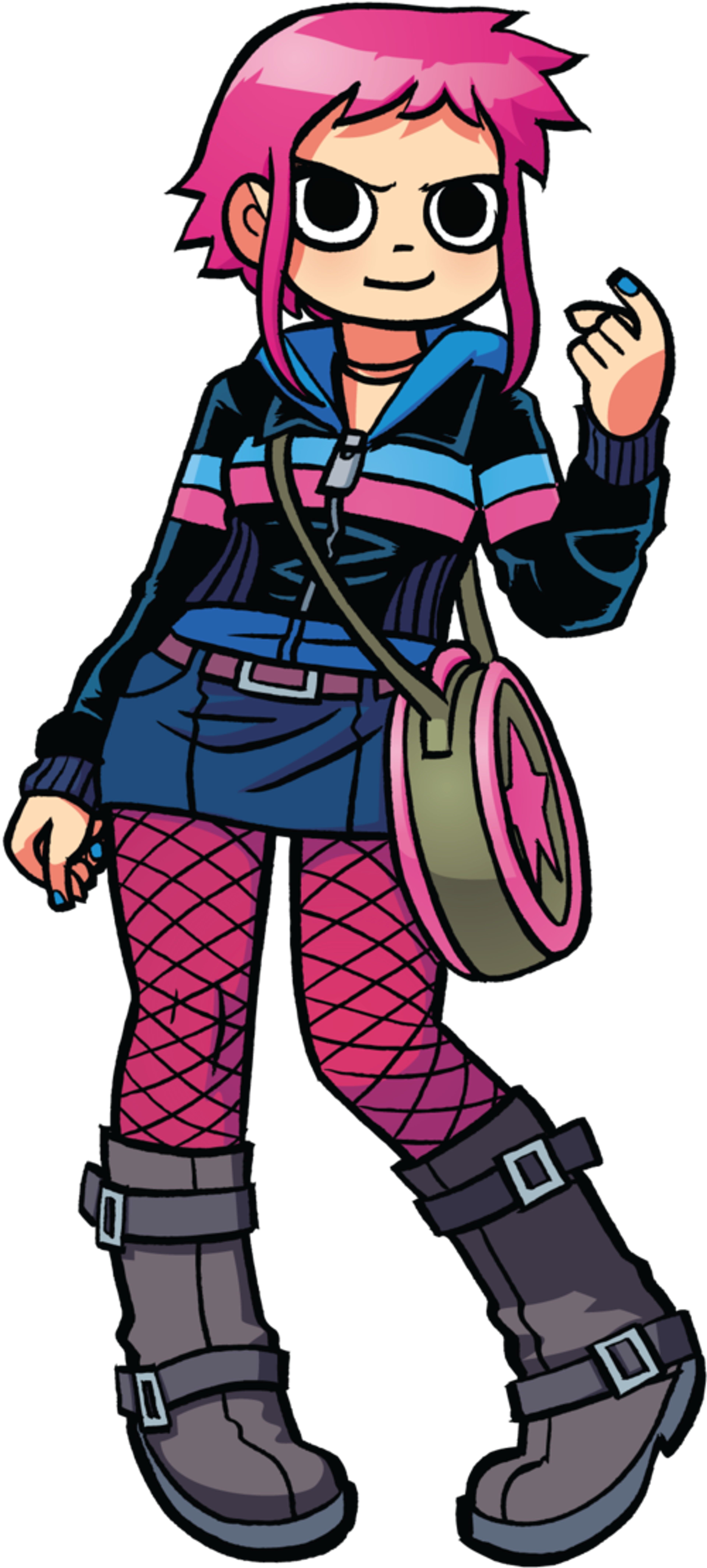 A young woman with pink hair and a confident expression holding a skateboard or scooter.