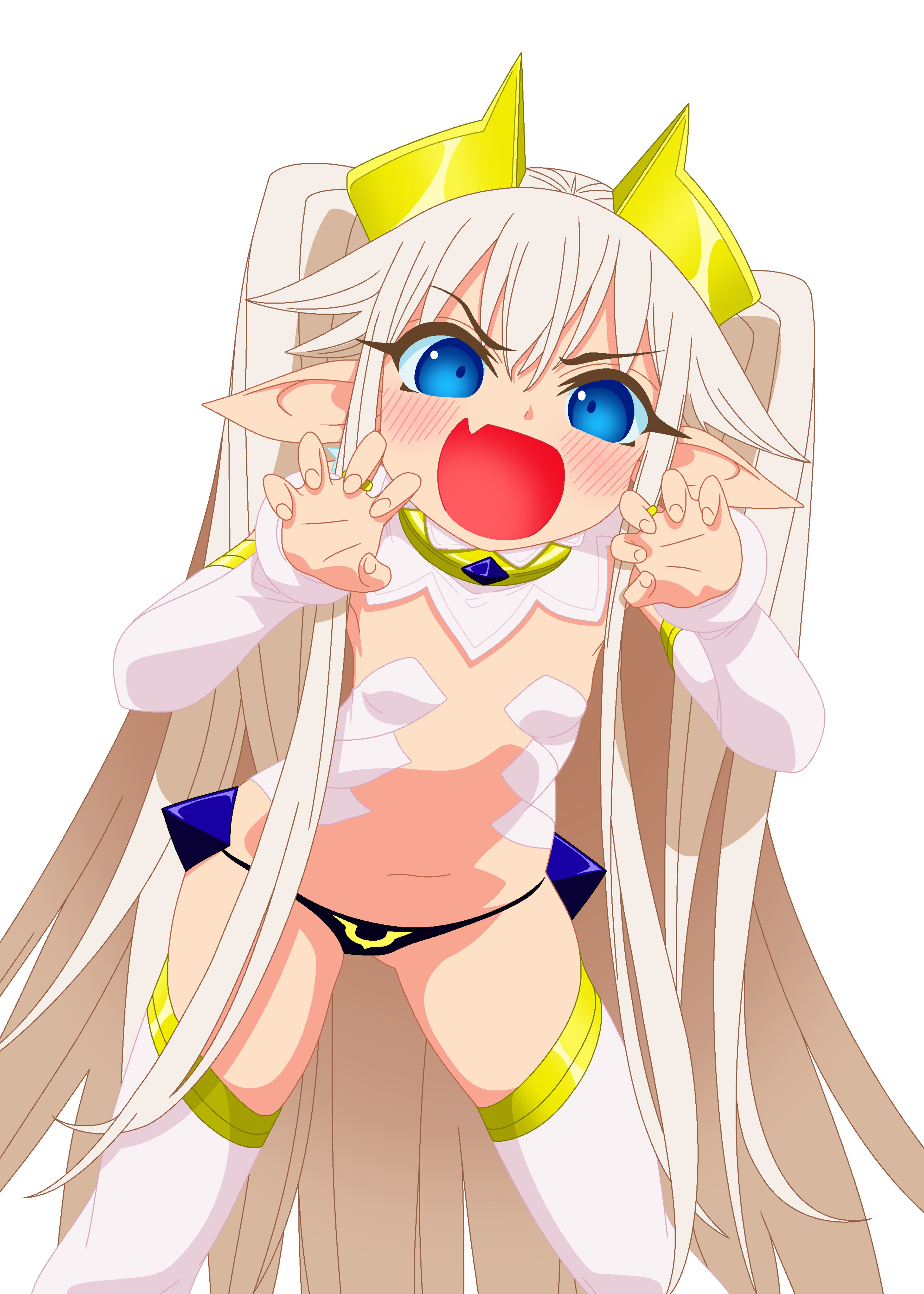 An anime-style character with silver hair, blue eyes, and a slender build wearing form-fitting armor-like patterns.