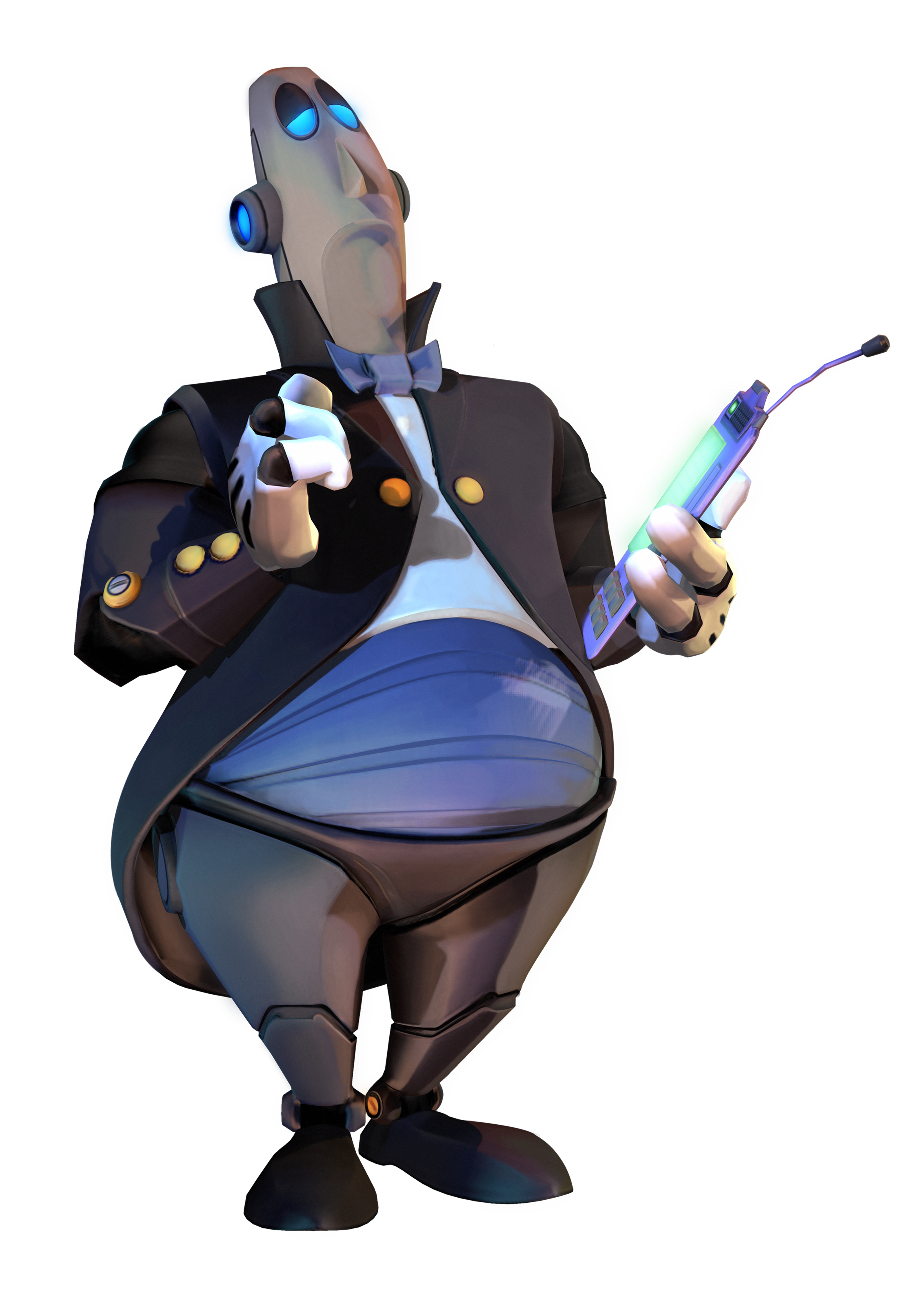 A detailed robot butler character with a large, rotund body and a single eye