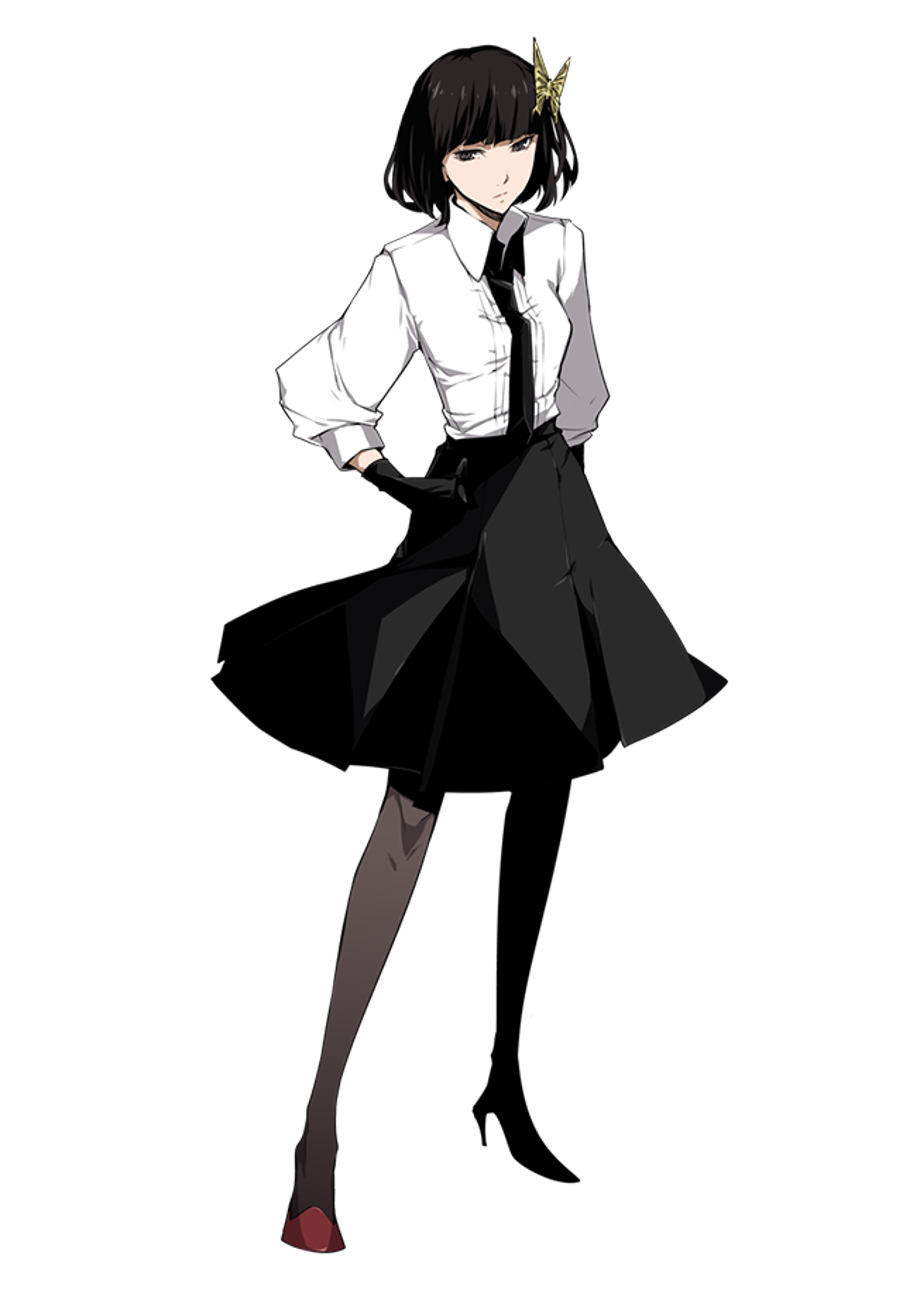 A young woman in a white shirt and black skirt standing with a serious expression