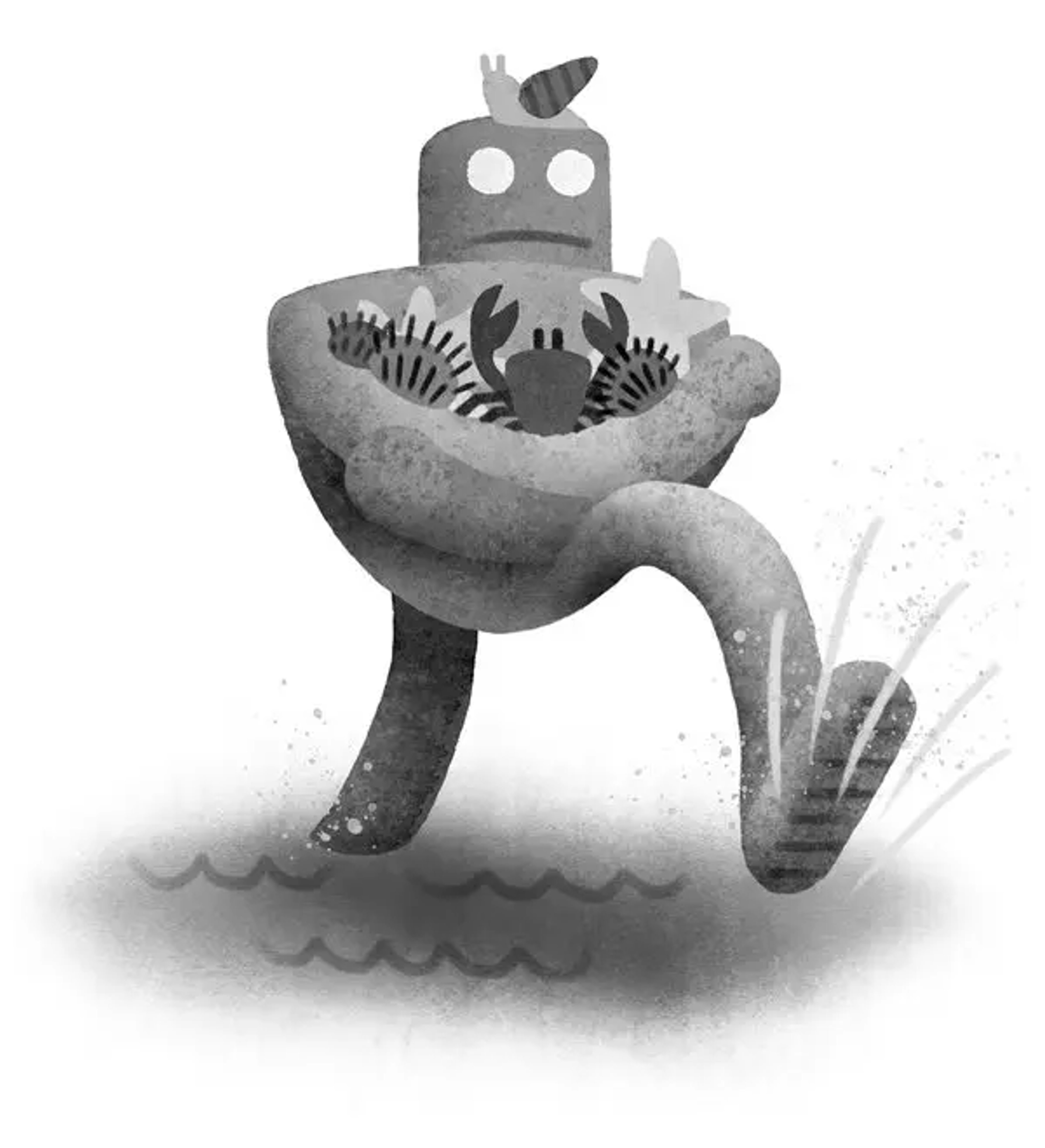 A friendly, cartoon-like robot character standing on a wavy, ocean-like surface